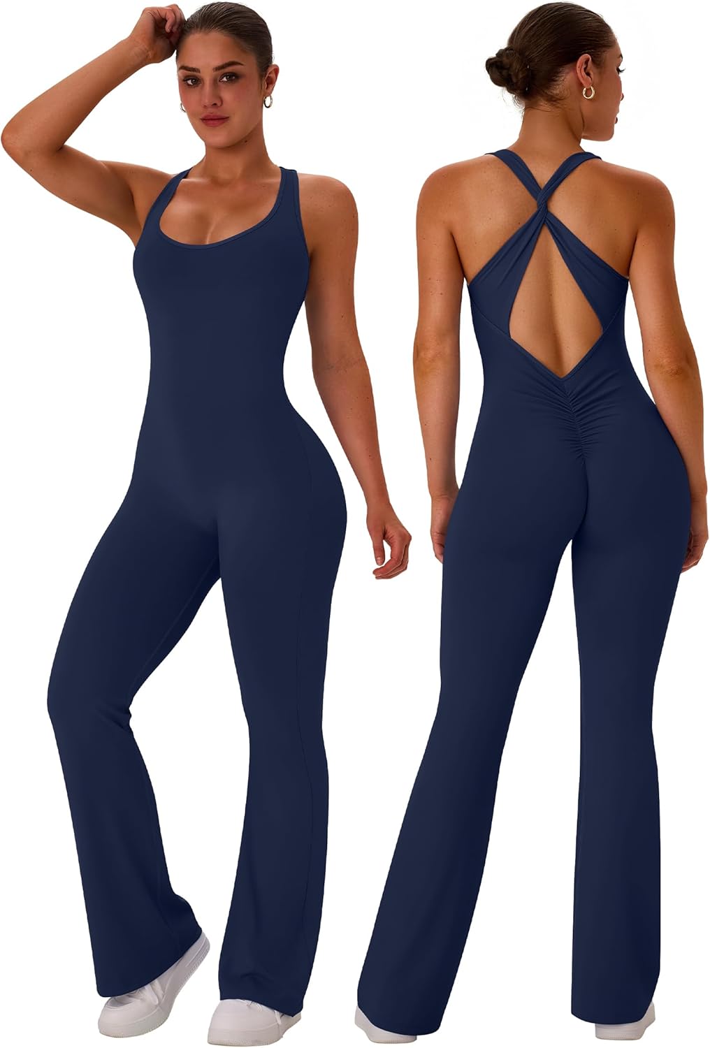 TDIFFUN Flare Workout Jumpsuits for Women One Piece Sleeveless Scrunch Butt Lifting Gym Bodysuit Sexy Backless Yoga Outfits