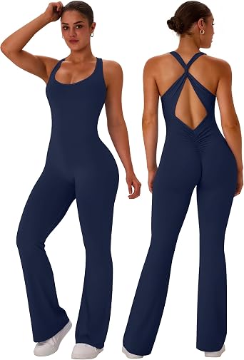 TDIFFUN Women Flare Workout Jumpsuits Scrunch Butt Gym Bodysuit