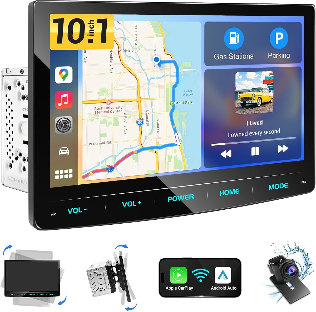 Estéreo para automóvil de doble DIN de 10.1 ": Radio con pantalla táctil ajustable con Apple CarPlay inalámbrico Android Auto - Pantalla de reproducción para automóvil QLED con cámara de respaldo Bluetooth MirrorLink DSP SWC para actualización de audio para automóvil