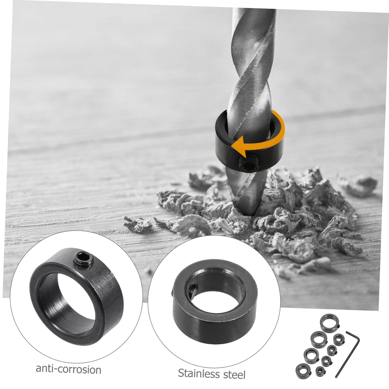 Drill Stop Collar Set with Wrench, Carbon Steel Depth Limiter