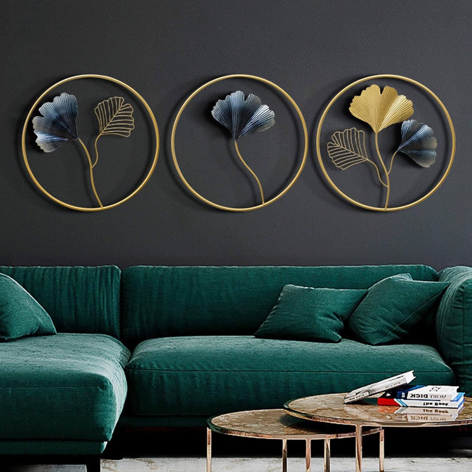 Sztuki Dekoracji ściennych, 3szt. Ginkgo Leaf Wall Decor Metal Art Rzeźby Ścienne Z Okrągłą Ramą Do Domu, Salonu, Kuchni, Sypialni Obrazy na ścianę do salonu