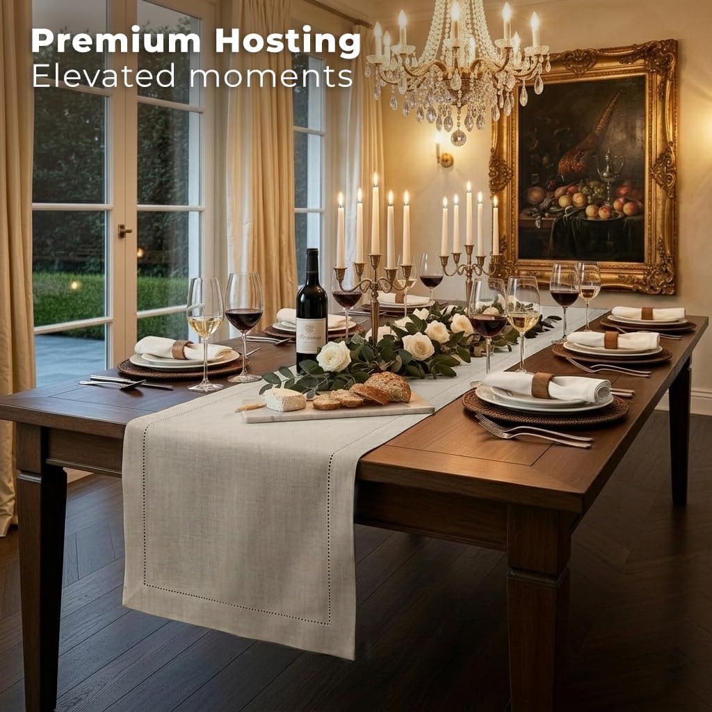 Signature Linen™ by D'Moksha Natural Table Runner 120 Inches Long, 100% Pure Linen, Hemstitch, 14 x 120 Inch Table Runner for Dresser, Dining- Mothers Day, Spring, Summer