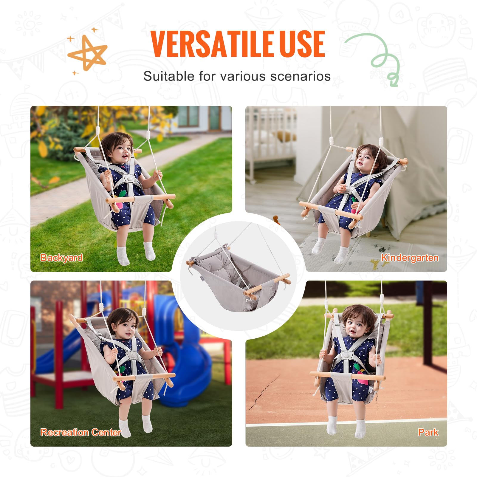 VEVOR Balançoire Hamac Bébé 3 Modes, 68 kg, Harnais 5 Points, Intérieur Extérieur