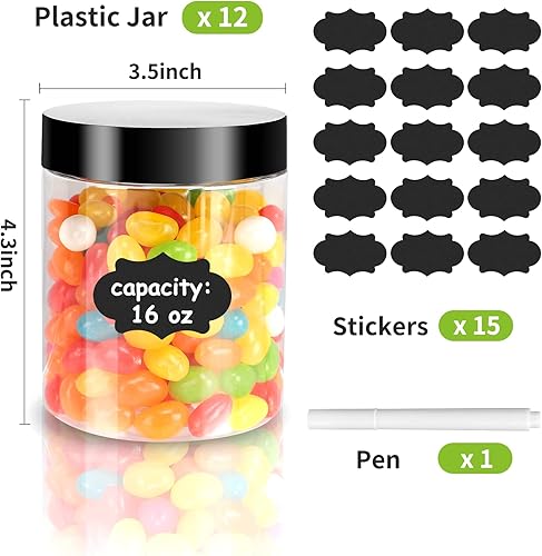 Miniatura 2 de Paquete de 12 tarros de plástico con tapas, recipientes transparentes de 16 onzas para cosméticos con bolígrafo y etiquetas, tarros de