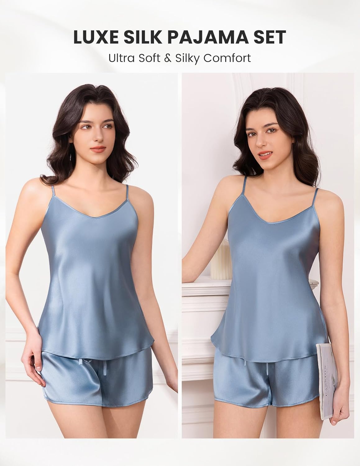 THXSILK Silk Women's Pajama Set 2 Pack 6A+ Grade 100% Mulberry Silk Nightgown Soft Luxury V Neck Cami Shorts Sets Sleepwear - Image 2