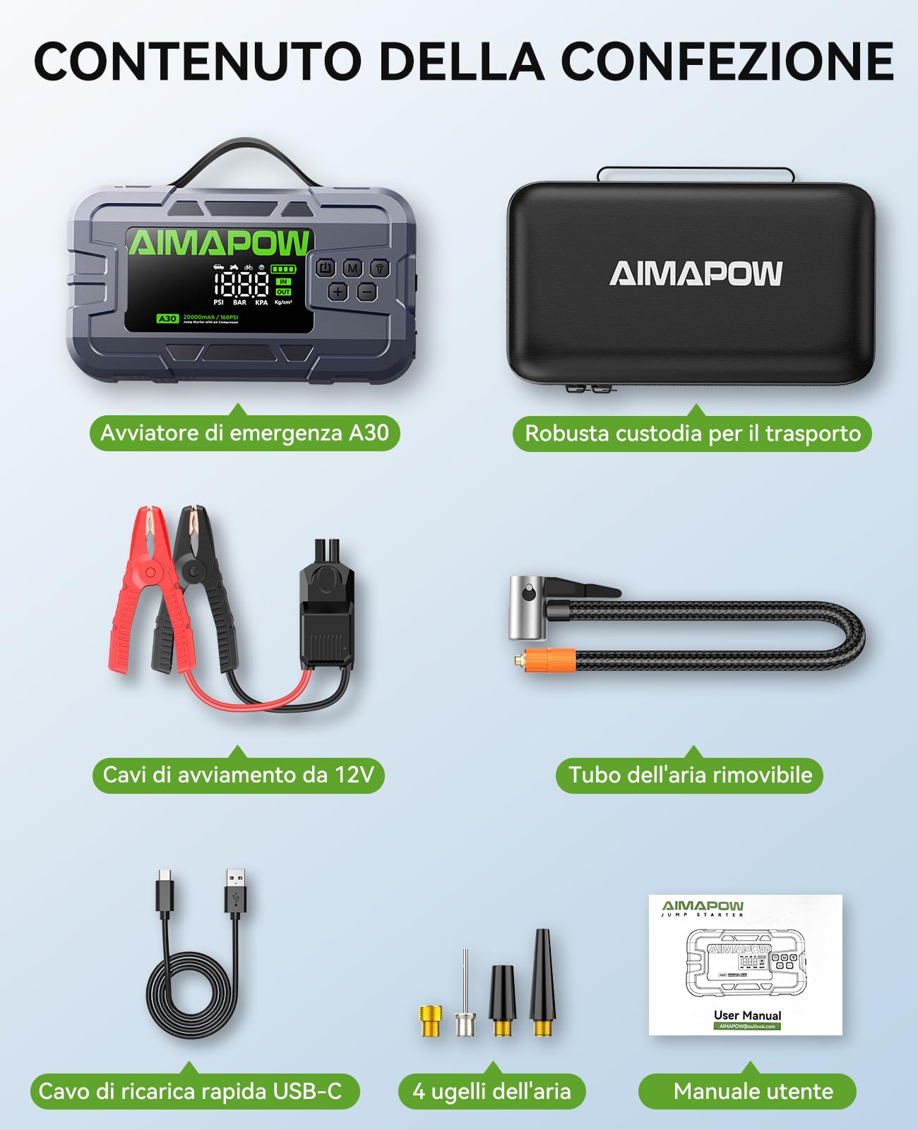 Avviatore Batteria Auto 8000A con Compressore 160PSI,Booster Batteria Auto 12V per Tutti i Motori Benzina e Diesel 12L,Avviatore Emergenza Auto con Display LCD 4.2", Torcia 600LM （Green）