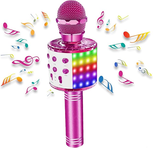 Crapuschla Karaoke Wireless Microphone for kids Adults, Portable Karaoke Mic Speaker with Dancing LED Lights, Home PC/Android/IOS Smartphone Bluetooth Microphone for Party, Singing, Recording