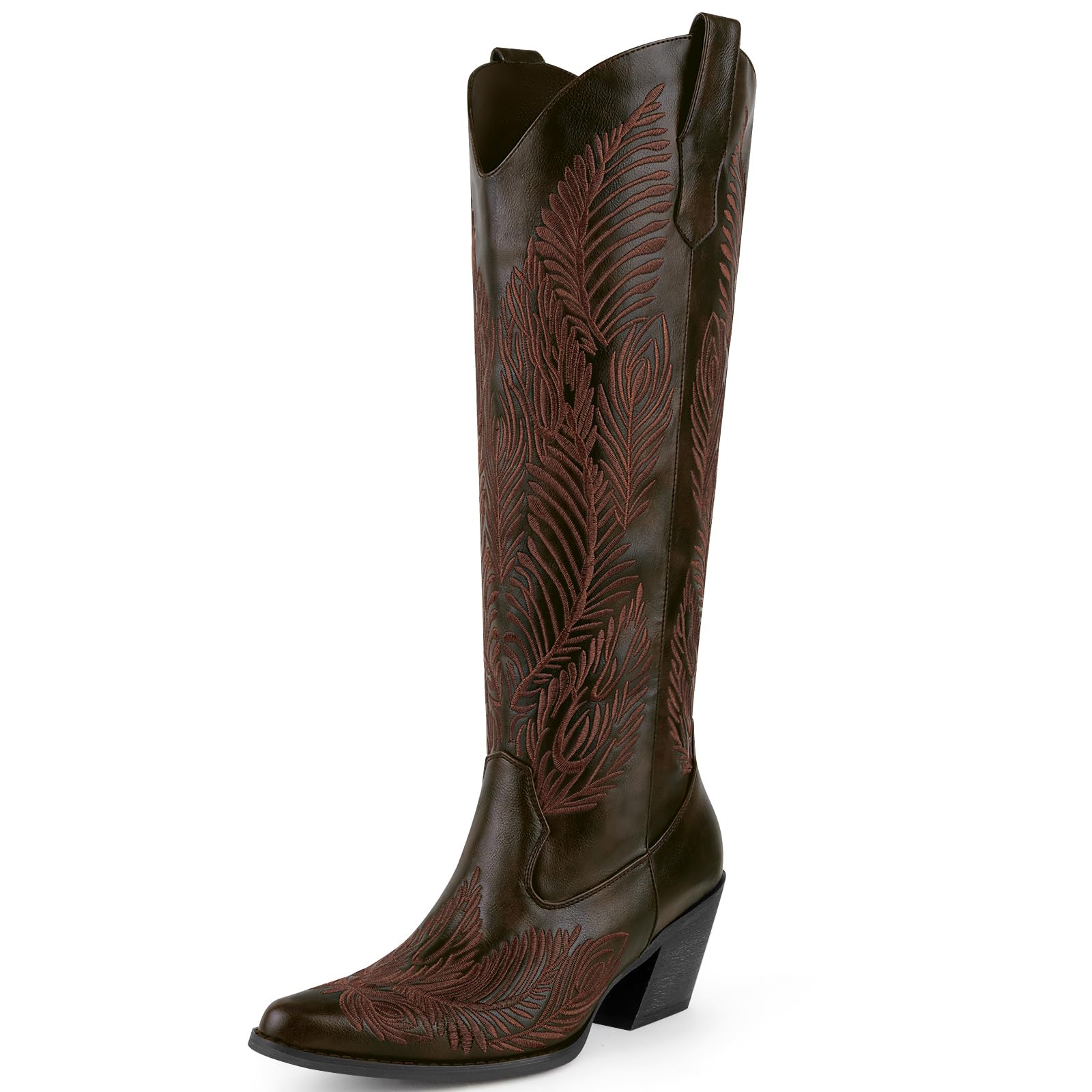 MISSMILLER Cowboy Boots for Women-Knee High Cowgirl Boots with Retro Floral Embroidered,Chunky Heels Pointed Toe Retro Classic Pull On Western Tall