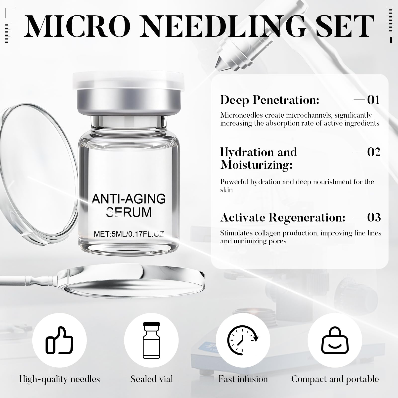 Micro infusione System, Micro Needling Set, Microneedling Siero, Micro Infusion Face con 6 Microneedling Serum e 2 Roller inclusi, soluzione anti-invecchiamento (A)