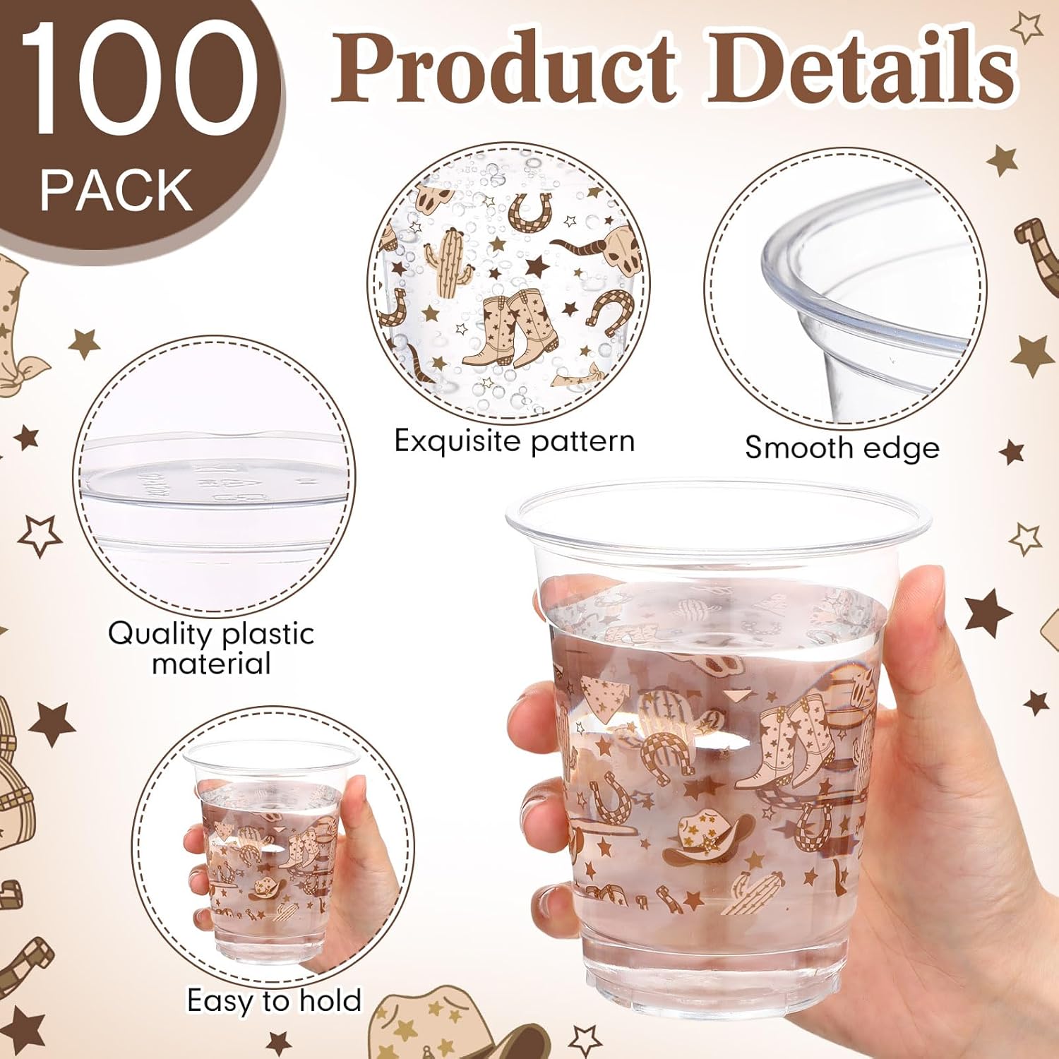 Jingmore 100 Pcs Western Plastic Cups 12 oz Clear Disposable Plastic Cowboy Cowgirl Drinking Cups Bulk for Boho Preppy Baby Shower Birthday Wild West Party Decoration Supplies(Western Cowboy,Brown)
