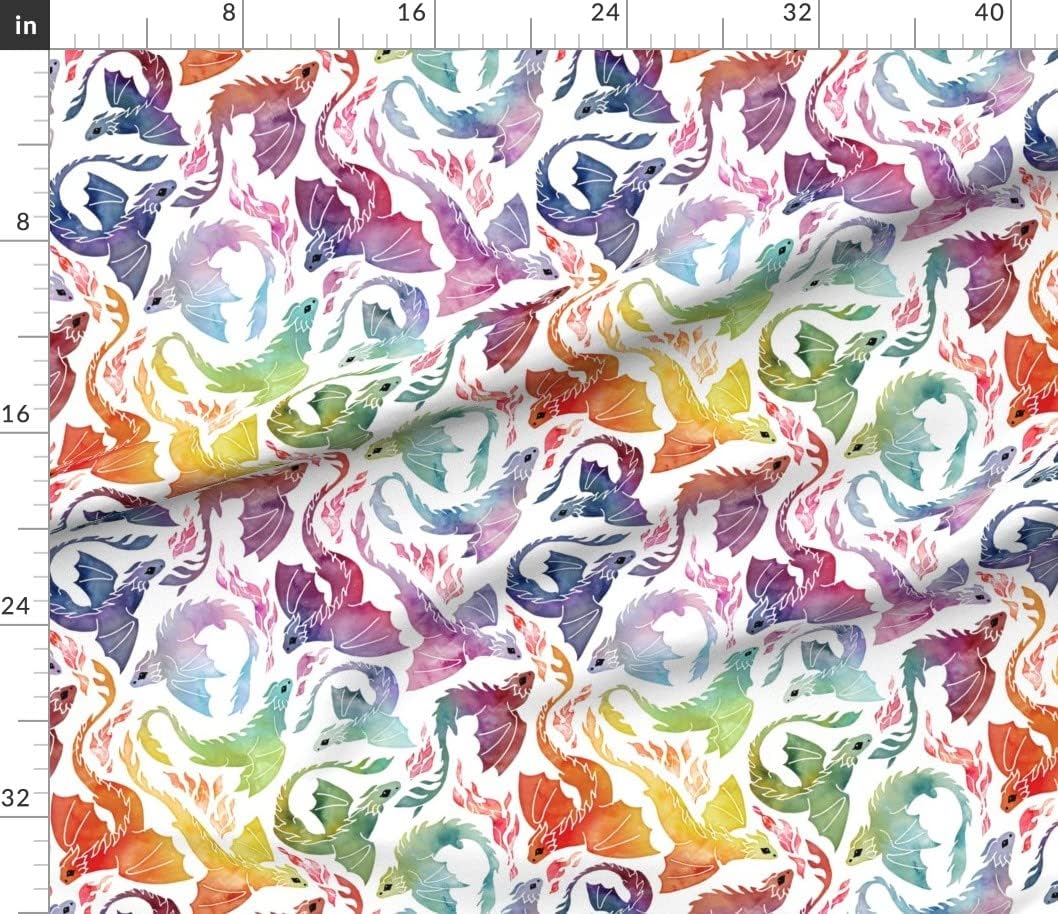 Spoonflower Fabric - Dragon Fire Rainbow Cute Fantasy Watercolor Fairy Tale Flying Printed on Petal Signature Cotton Fabric by The Yard - Sewing Quilting Apparel Crafts Decor