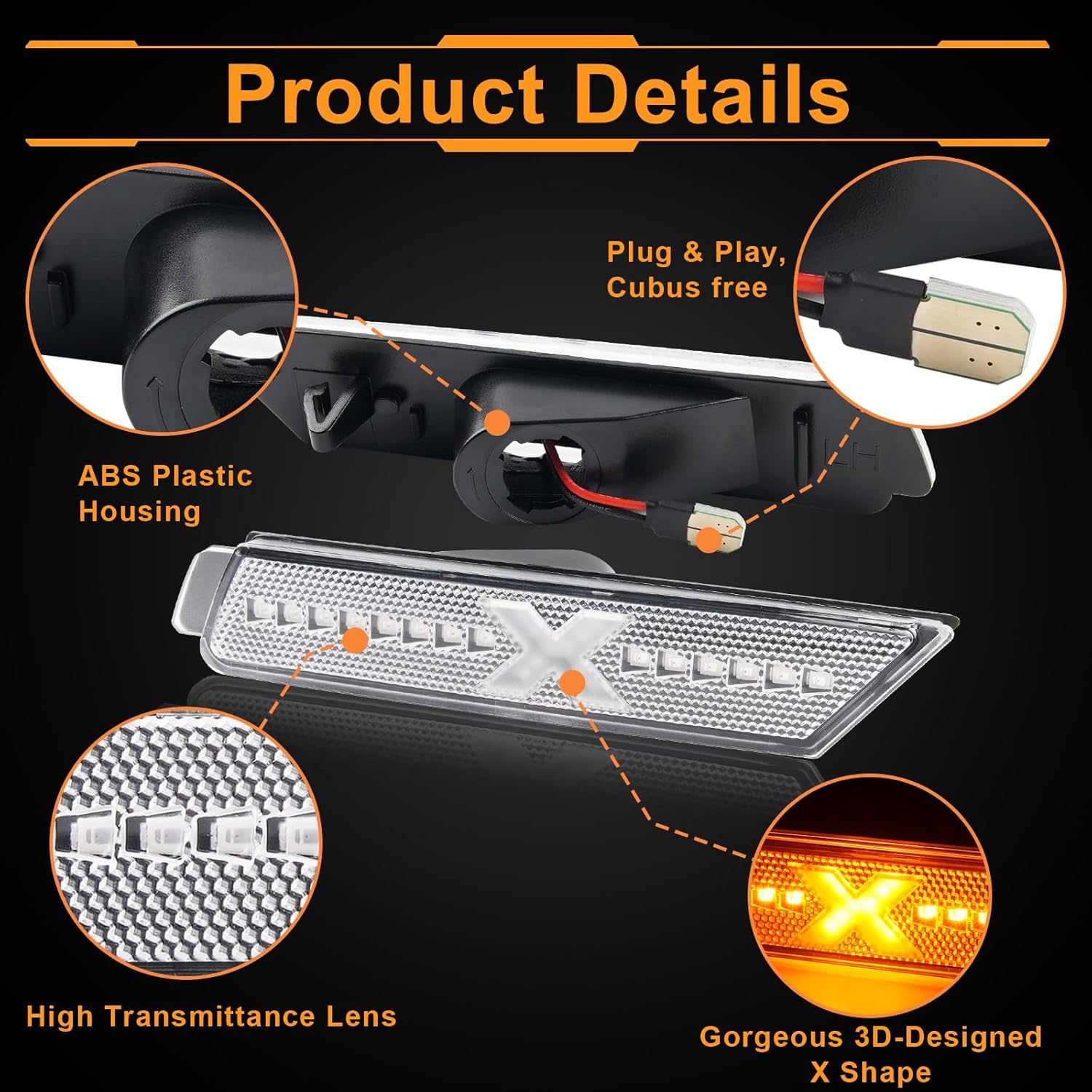 LED Side Marker Lights for 2010-2015 Chevy Camaro XStyle [Patent Pending], Front Rear Bumper Fender Marker Lamps, Clear Lens Pack of 4 Spirit Snake Series
