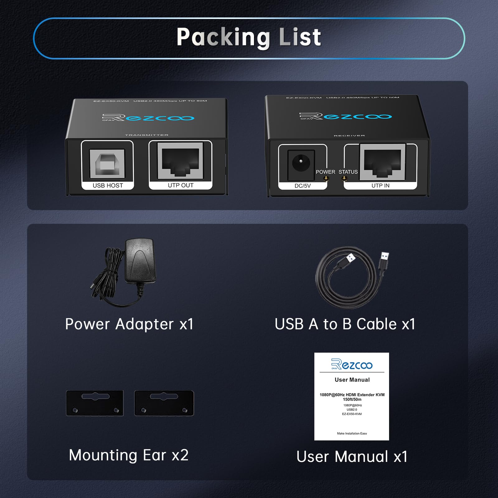 Extension KVM HDMI USB vers RJ45 via Cat5e/6/7 1080P@60Hz jusqu'à 150ft/50M, HDMI via Ethernet Émetteur Récepteur prend en charge clavier, souris, 2 ports USB2.0, hub POE stéréo audio et microphone