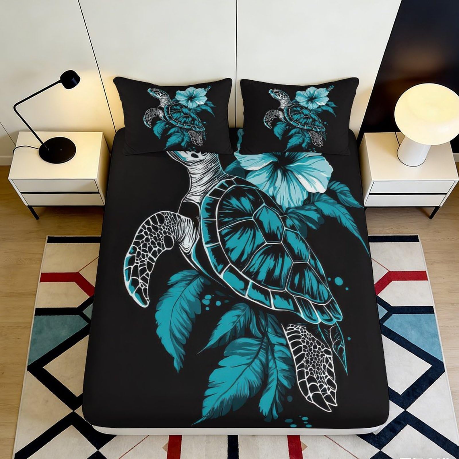 3D Printed Blue Sea Turtle Fitted Sheet Microfiber Soft Breathable Tropical Leaf Mattress Cover Bedroom Decor 90x200x25cm