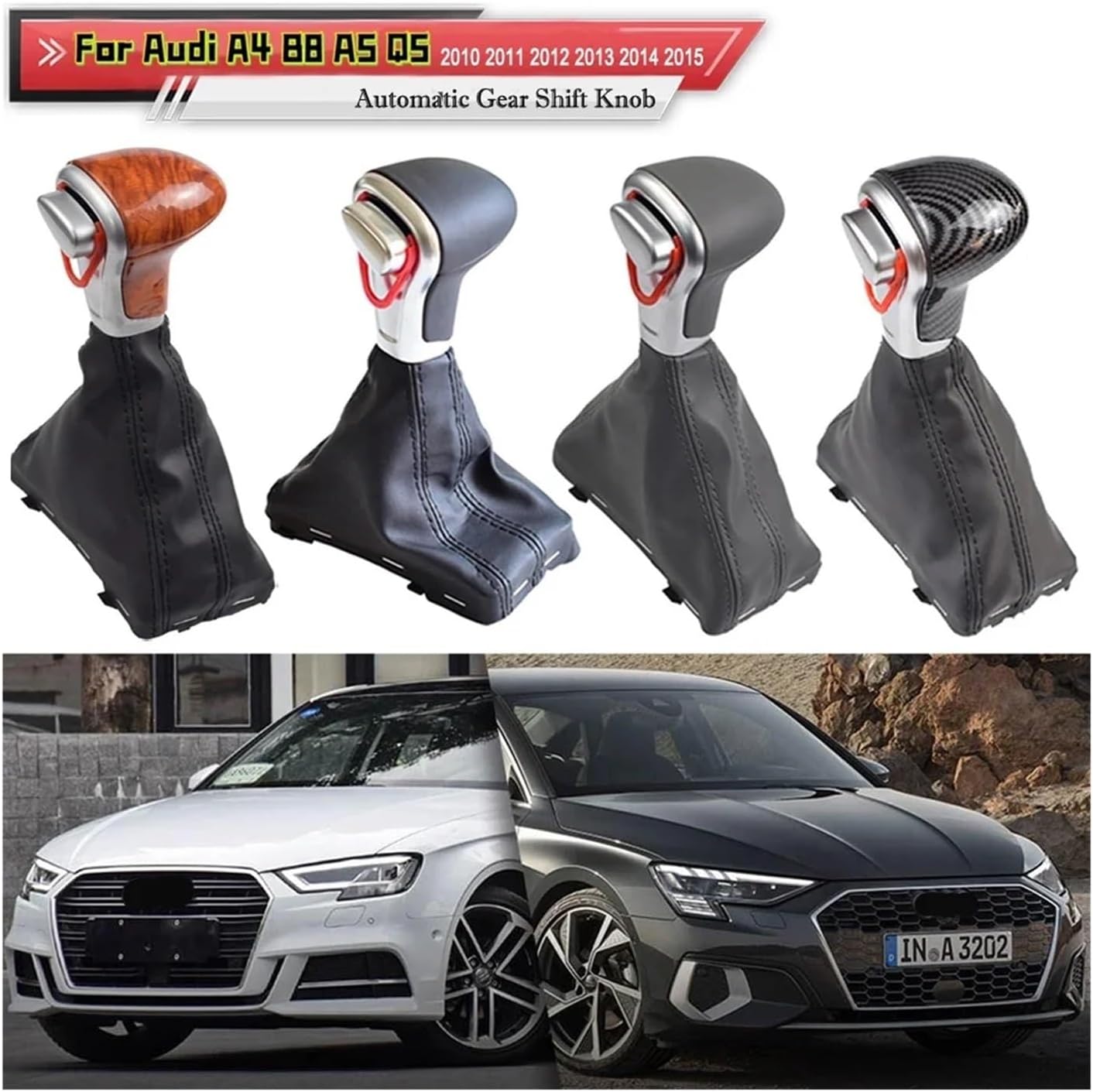 Automatic Car Shift Knob Compatible for Audi A6 C6 A3 8P A4 B8 A5 Q5 2009 2010 2011 2012 2013 2014 Gear Shift knob Boot(Black Hole-Red Line)