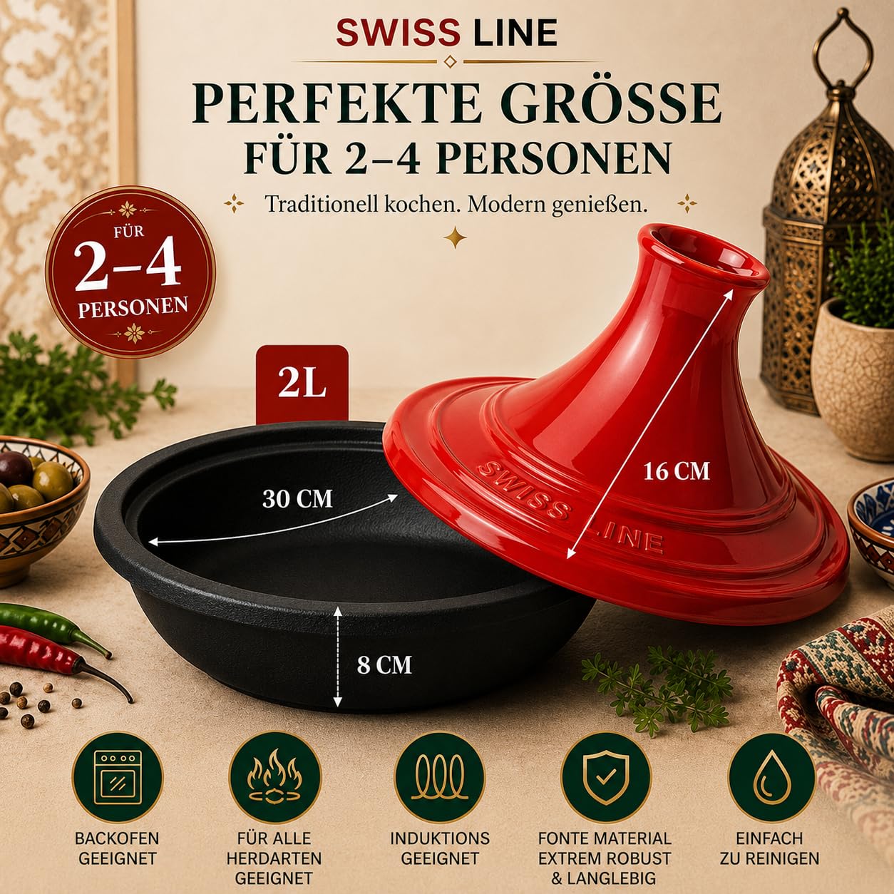 Swiss Line Tajine Topf 30 cm Gusseisen mit Keramikdeckel – Marokkanischer Schmortopf für 2–5 Personen, Induktion, Backofen & Grill