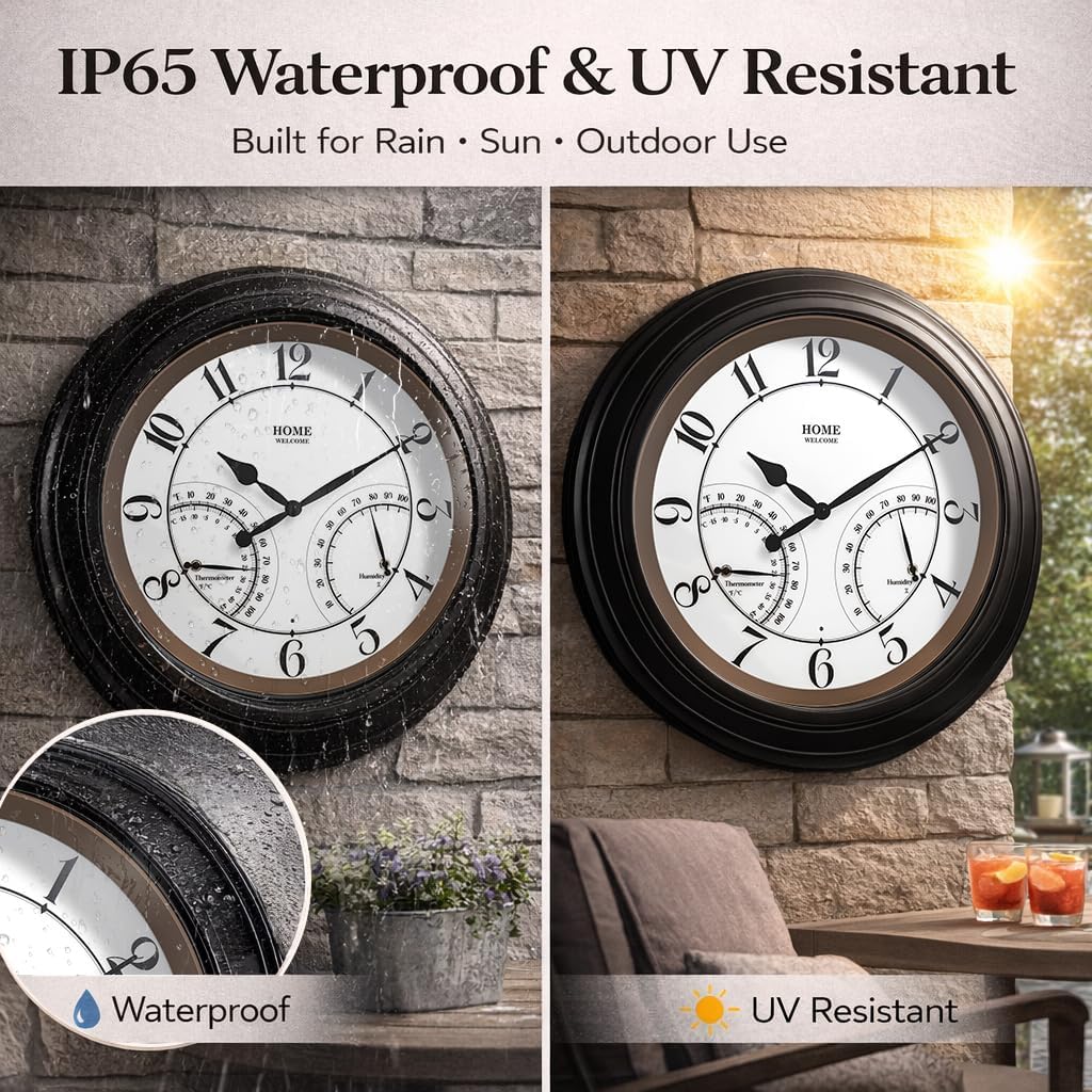 22 Inch Outdoor Clocks Waterproof, Large Easy-to-Read Illuminated Outdoor Wall Clock with Smart Light Sensor, Silent Large Outdoor Clock for Patio, Pool,Porch,Garden,Backyard