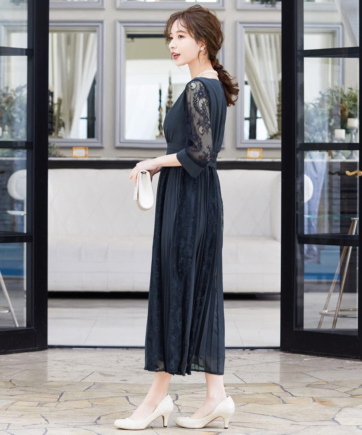 niana] 結婚式 ワンピース パーティードレス 花柄 プリーツ チュール