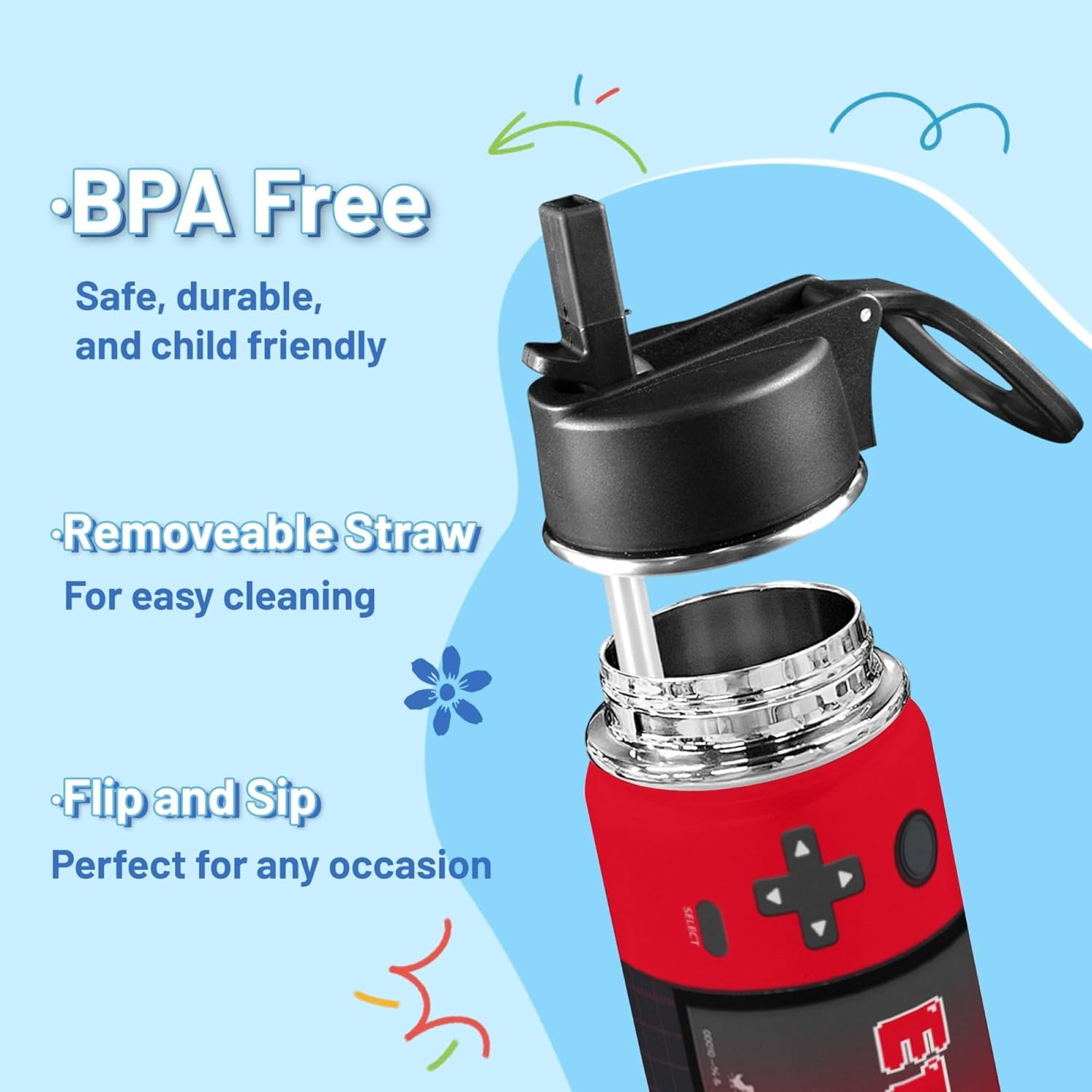 Personalized Game Water Bottle for Boys, Customized Kids Insulated Bottle with Name for Kids for School, Stainless Steel Thermo with Straw, 18oz - Image 2