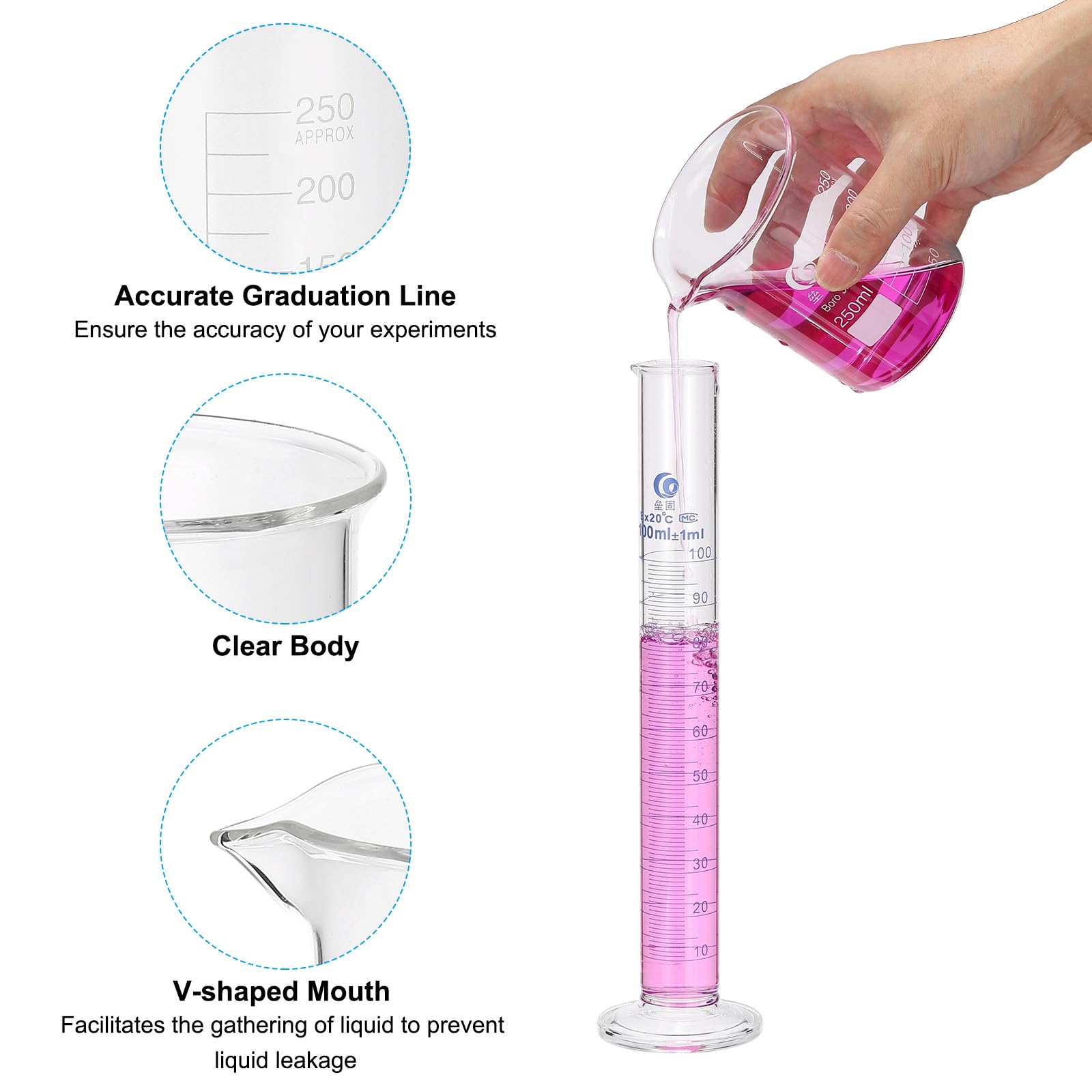 PATIKIL Juego Vaso Precipitados, Matraz Y Cilindro, Borosilicato 3.3 Tazas Medidoras 50/100/250ml, Cilindros Graduados 10/50/100ml, Matraces 50/150/250ml Experimentos Laboratorio