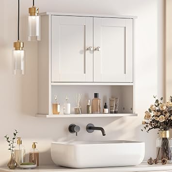 Bathroom Medicine Cabinet,Bathroom Wall Cabinet with Open Shelf,Wall Mount Medicine Cabinet with Adjustable Shelf, Over the Toilet Storage Cabinet for Kitchen,Bathroom Storage Cabinet 24x24