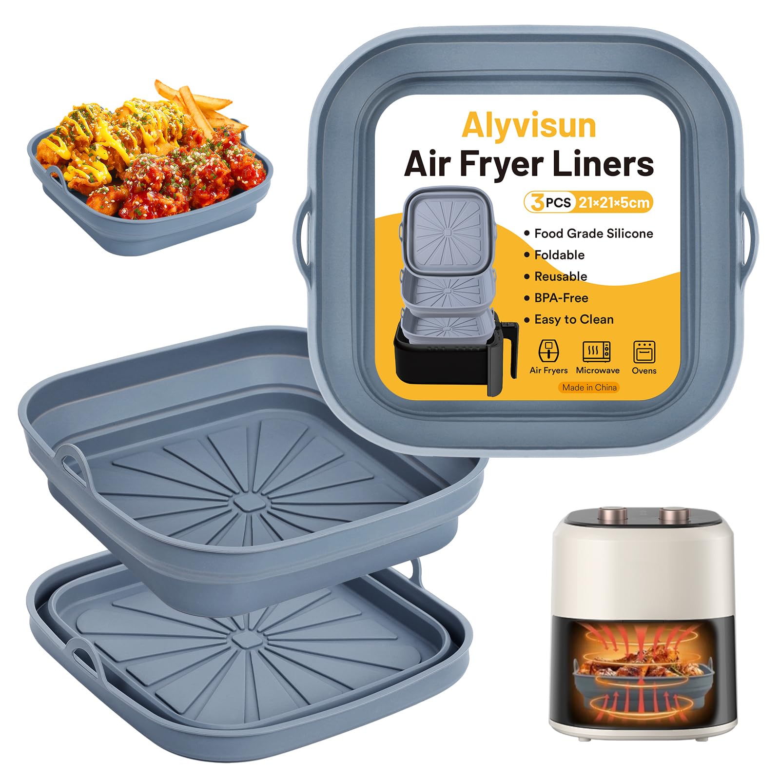 Alyvisun 2025 Newest Moldes para Freidora de Aire(3 Piezas), Molde Silicona Freidora de Aire Reutilizable, Recipientes Cuadrado Cesta Utensilios Accesorios para Freidora sin Aceite, Microondas，Oven