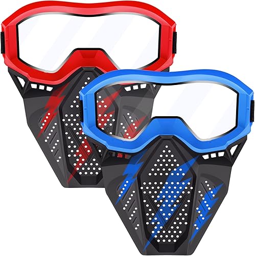 Paquete de 2 máscaras tácticas con gafas compatibles con Nerf Rival, Apolo, Zeus, Khaos, Atlas y Artemis Blasters Rival, máscara roja y azul