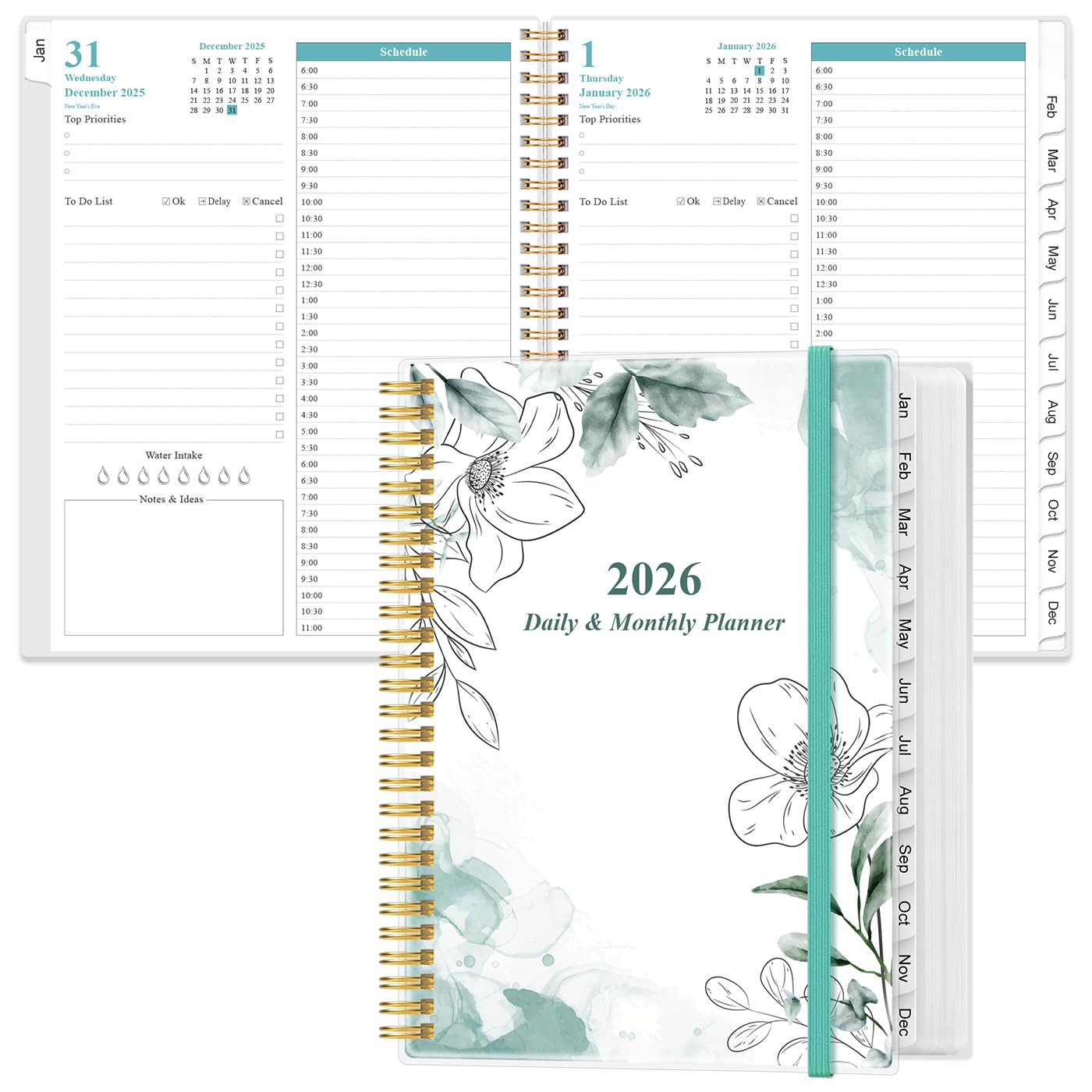 2026 Daily & Monthly Planner - One Page Per Day, Daily Planner from January 2026 - December 2026, Planner 2026 with 12 Monthly Tabs, 8.5" x 11", Teal Flower
