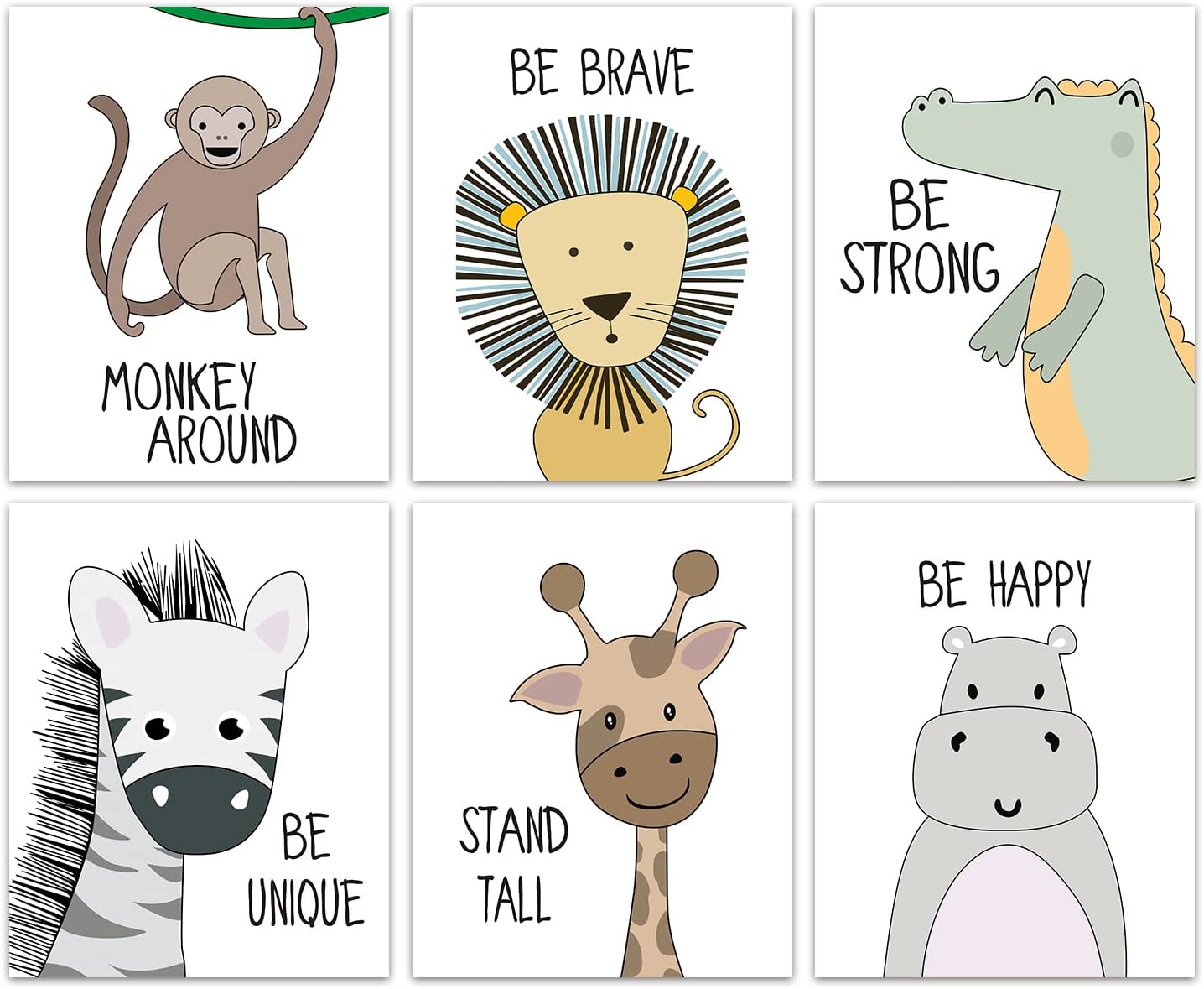 KAIRNE Cartoon animals Art Print, Giraffe Lion Zebra Monkey Forest Animals With Motivational Quote Saying Wall Poster Painting,Set Of 6(8”X10”,Unframed Nursery Wall Art