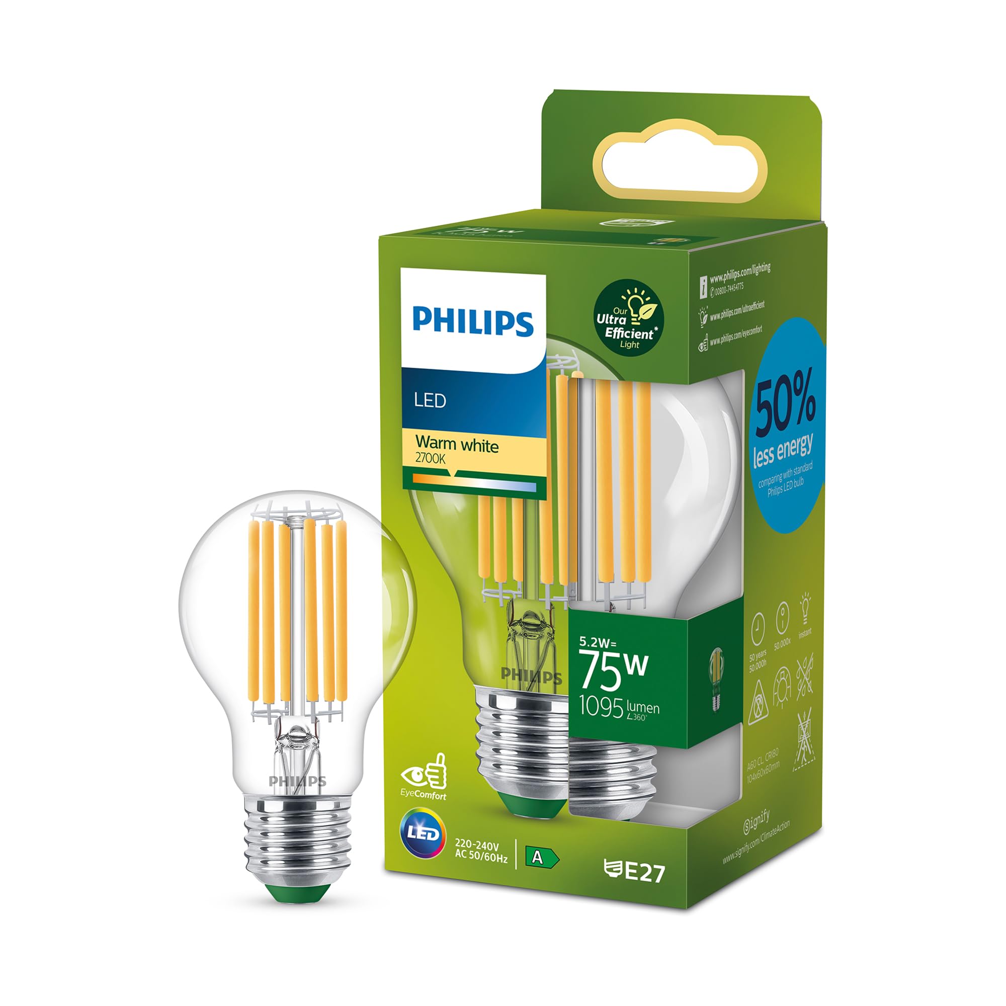 Philips Warm White Ultra Efficient - Ultra Energy Saving Lights, Led Light Source, 75W, A60, E27, 2700 Kelvin, Clear