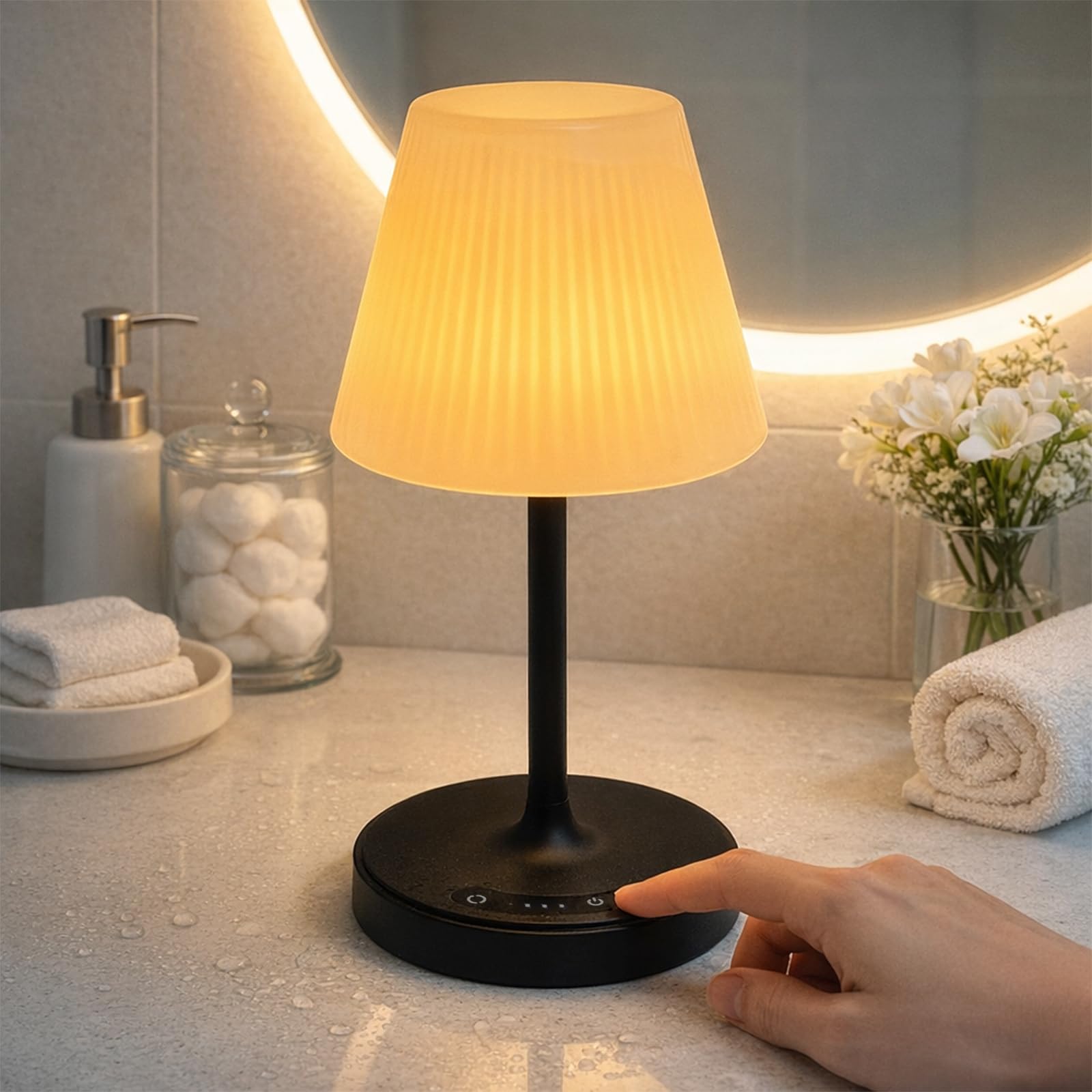ZEONX Rechargeable LED Shower Table Lamp Waterproof with Battery Indicator, Touch Control with 3 Colour & Stepless Dimming, USB Reverse Charging, Portable Night Light for Outdoor & Home – Black