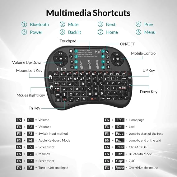 Rii i8+ 2.4 GHz Wireless Keyboard with Touchpad Mouse - Black