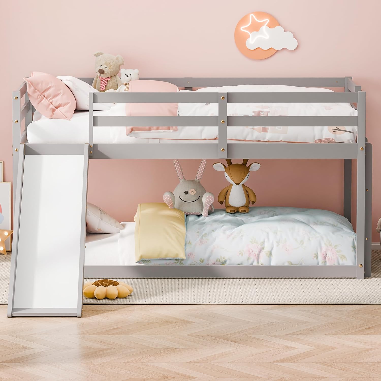 Kids Twin Loft Bed with Slide and Ladder, Solid Pine Wood Bunk Bed Frame for Toddlers, Floor Loft Low Bunk Bed Twin Over Twin with Safety Guardrails and Storage Space for Bedroom, Grey