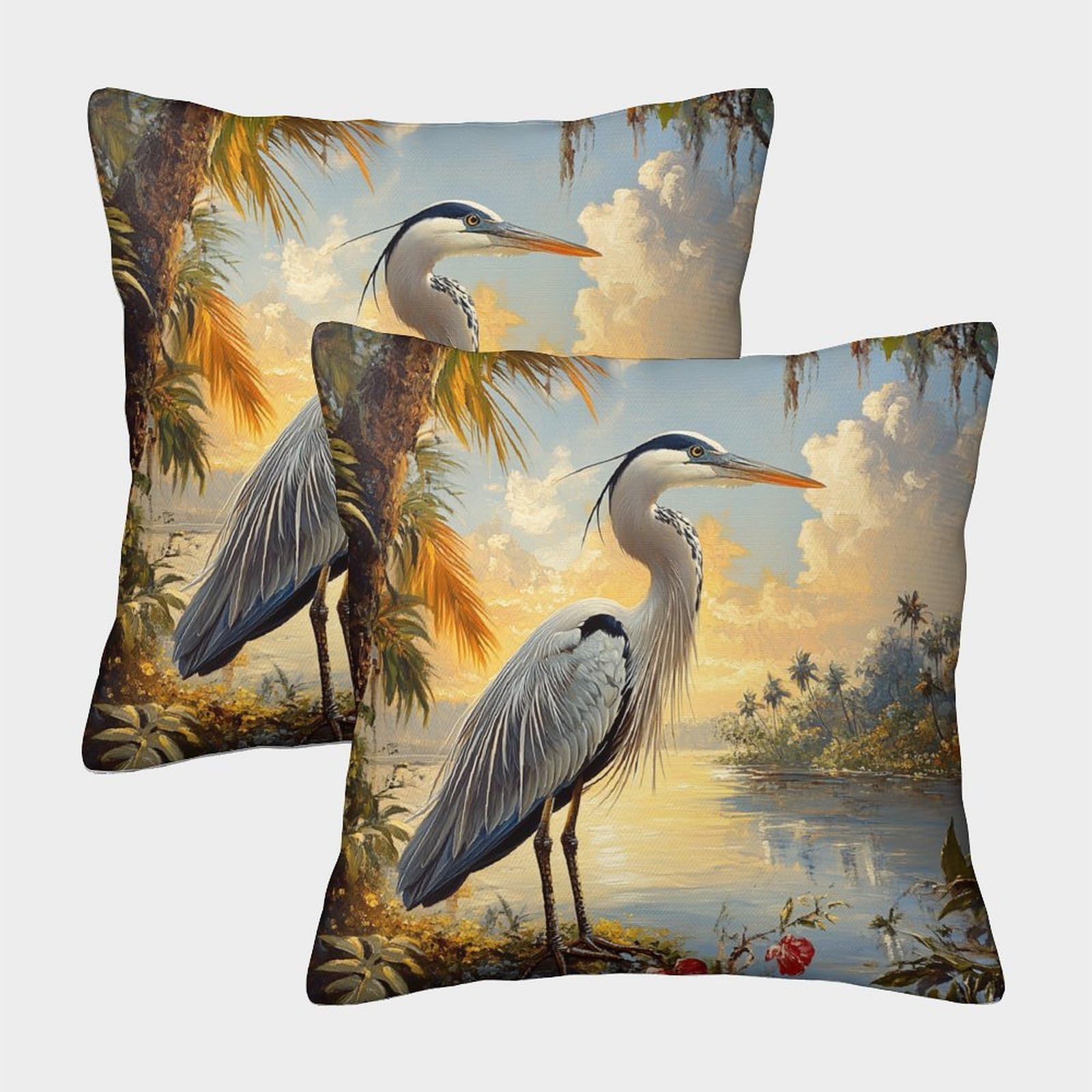 GXYUAOIEF Heron Cushion Covers Set of 2 Natural Scenery Cushion Cases Square Pillowcases for Sofa Chair Living Room with Invisible Zipper Homeware 50x50cm