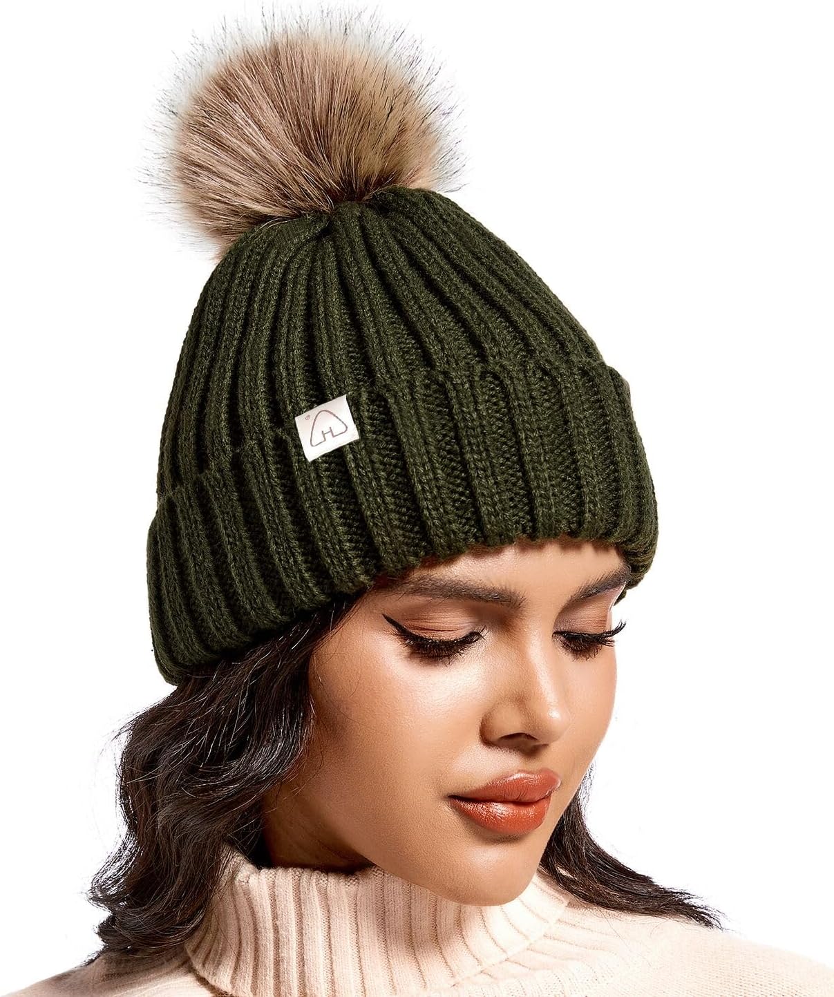 Hat HutWomens Winter Knitted Beanie Hat with Faux Fur Pompom Fleece Lined Warm Chunky Cable Knit Ski Cap