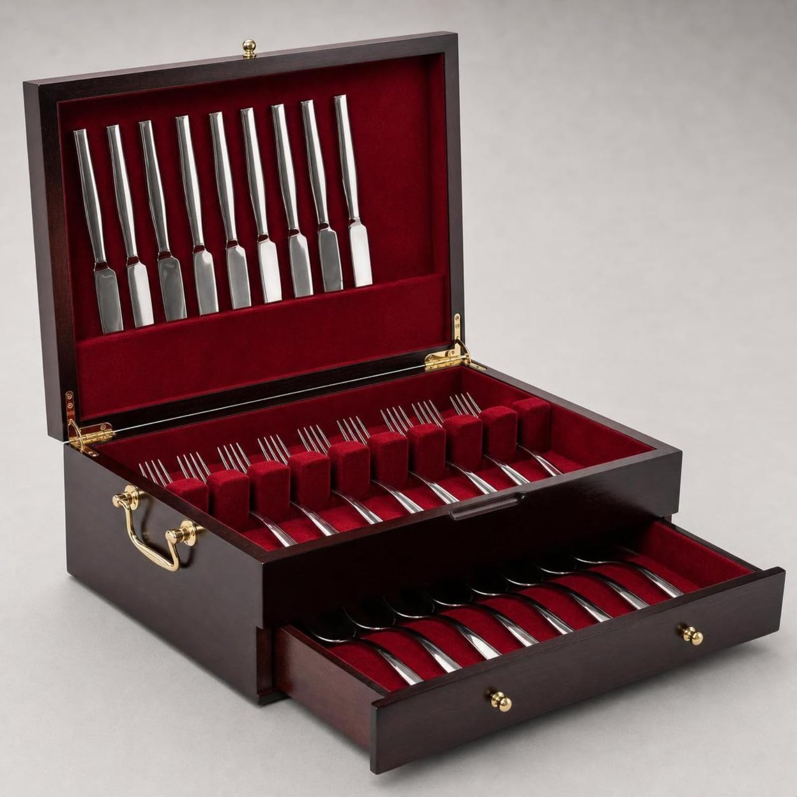 Coffret à Couverts en Bois Multi Couches Boîte Rangement Organisateur Intérieur Feutre Rouge Protection Anti Rayures Tiroir Ample Fermeture Sûre