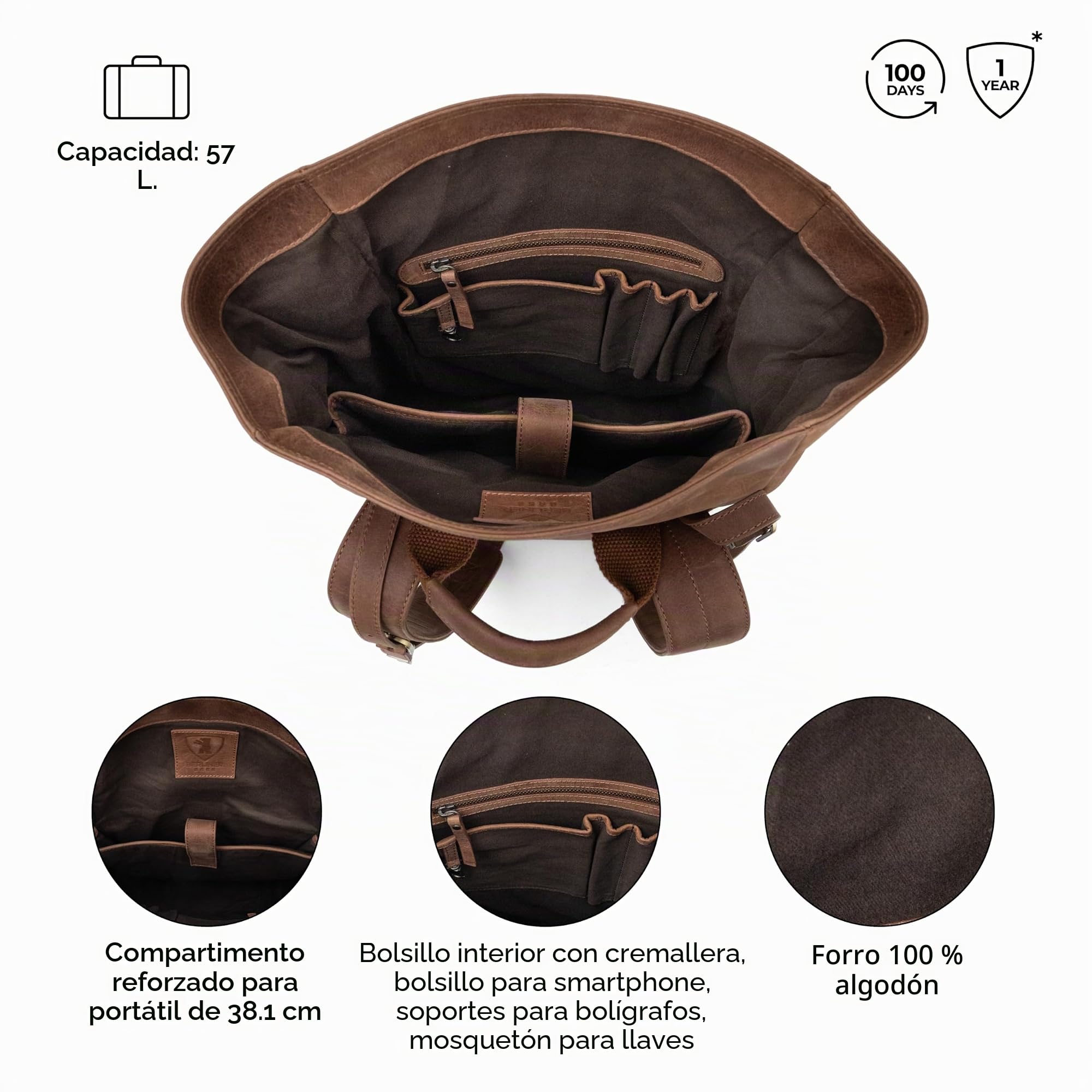 Berliner Bags Mochila de Piel Lille, Mochila Rolltop Impermeable con Compartimento para Portátil de 15”, para Hombre y Mujer - Marrón