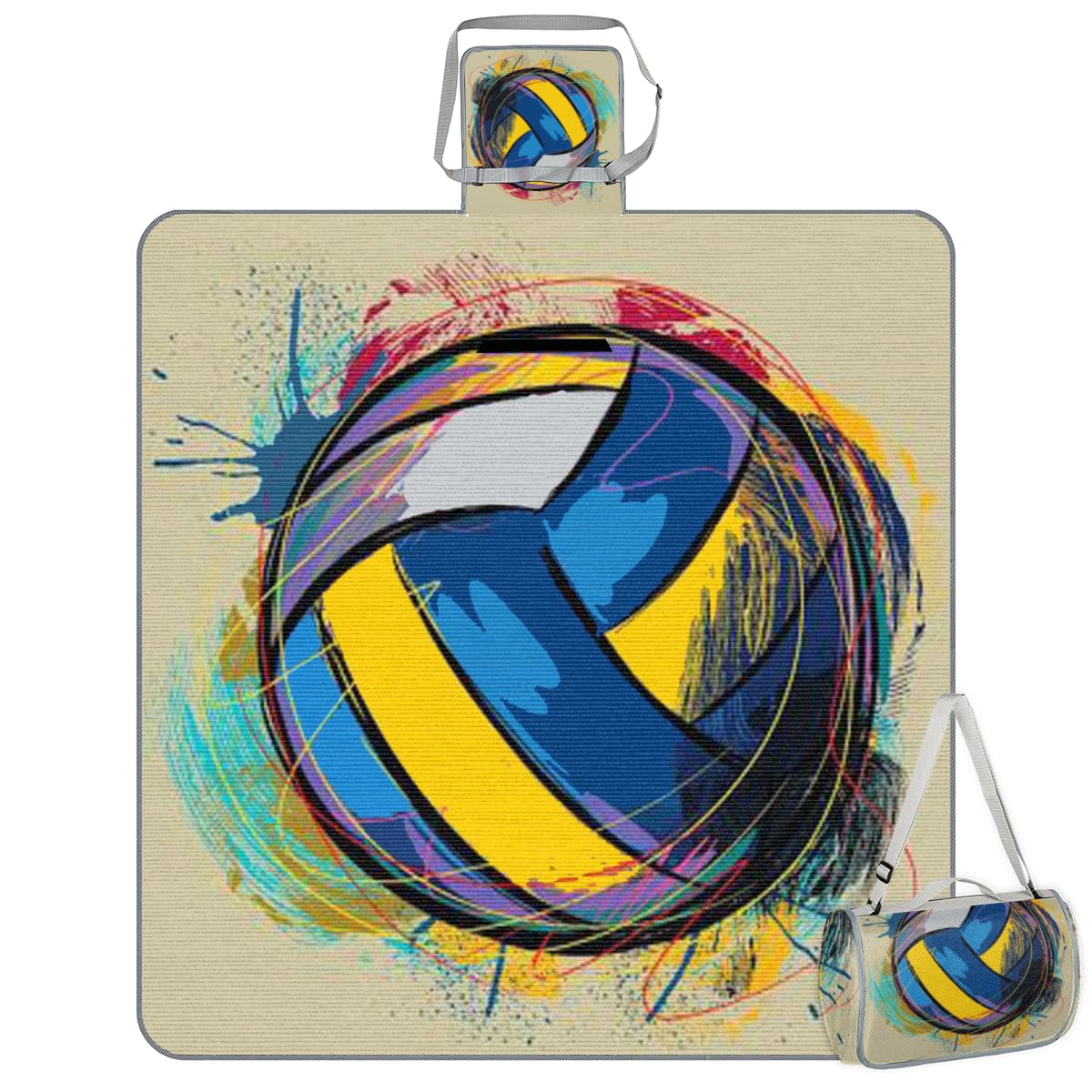 Shimoshe Picnic Blankets 57”x 59”, Watercolor Volleyball Waterproof Sandproof Picnic Mat Lightweight Foldable Beach Blanket for Camping Park Grass Beach Outdoor Blanket