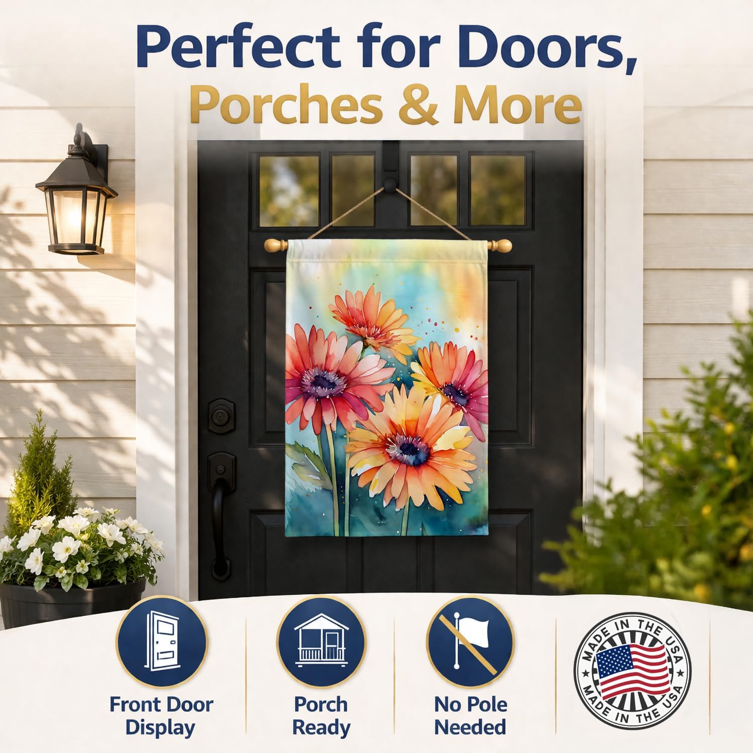 Caroline's Treasures Gerbera Daisies in Watercolor House Flag Large Porch Sleeve Pole Decorative Outside Yard Banner Artwork Wall Hanging, Polyester, House Size, Multicolor