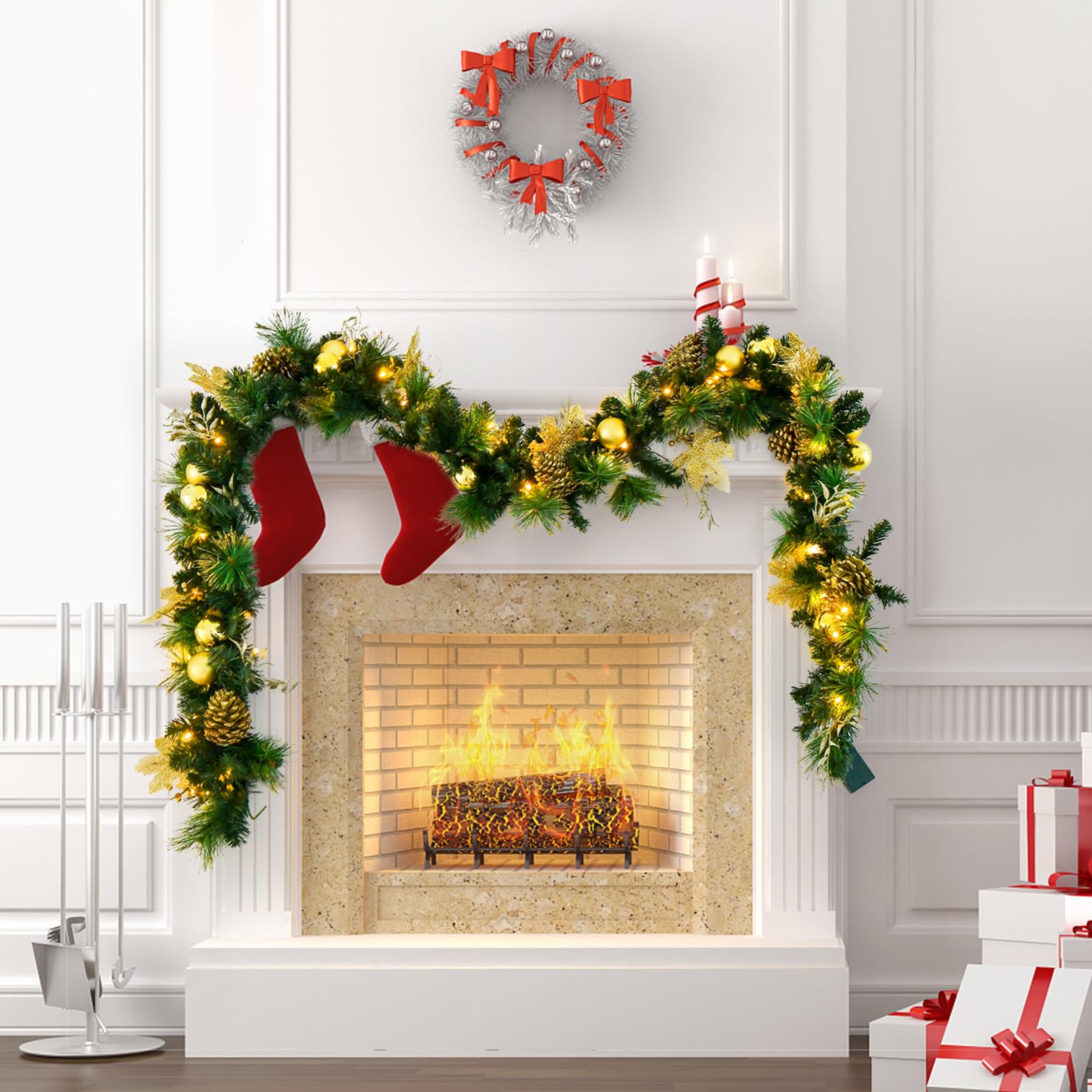 COSTWAY 270cm Weihnachtsgirlande mit Beleuchtung, 50 LEDs warmweiß, künstliche Tannengirlande mit Tannenzapfen & goldenen Kugeln, Tür Kamine Treppe Innen Außen, beleuchtete Weihnachtsdeko, Grün