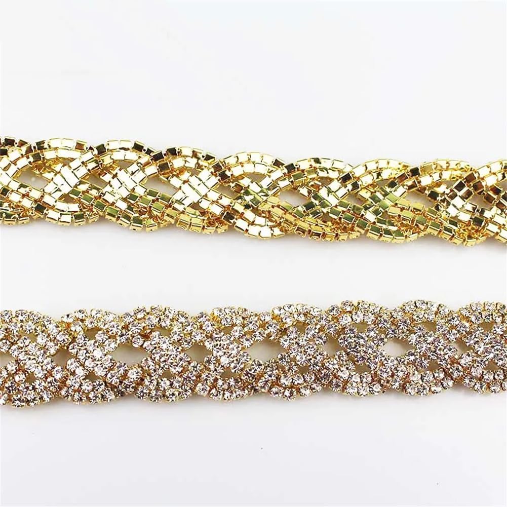 Generic 1/5Yards Crossed Around Tape Crystal Metal Chain Sew On Rhinestone Trim for Clothing Shoes Gold 5 Yards