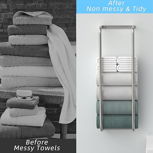 Miniatura 5 de Toallero de baño de acero inoxidable montado en la pared y organizador para toallas enrolladas, ideal para baños pequeños modernos con espacio