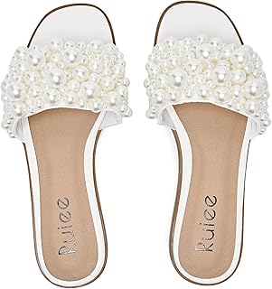 Flat Slides Sandals for Women, Pearl Decor Slide Sandal Sparkly Bling Dressy Comfortable Casual