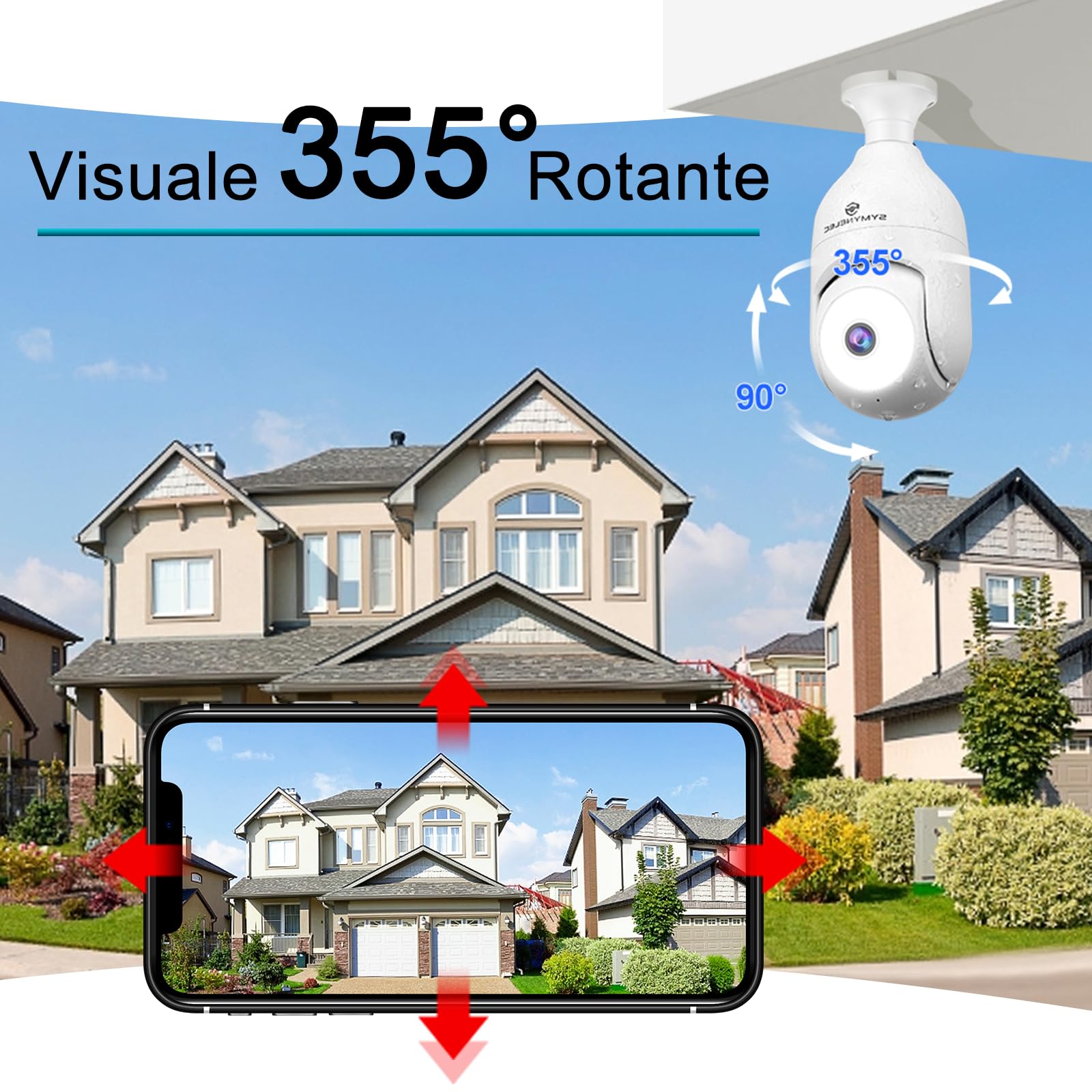 SYMYNELEC Telecamera Lampadina WiFi Esterno, 2K 4MP Videocamera Sorveglianza Senza Fili, Telecamera di Sicurezza con Allarme Sonoro e Luminoso, Visione Notturna a Colori, Audio Bidirezionale, 2PCS