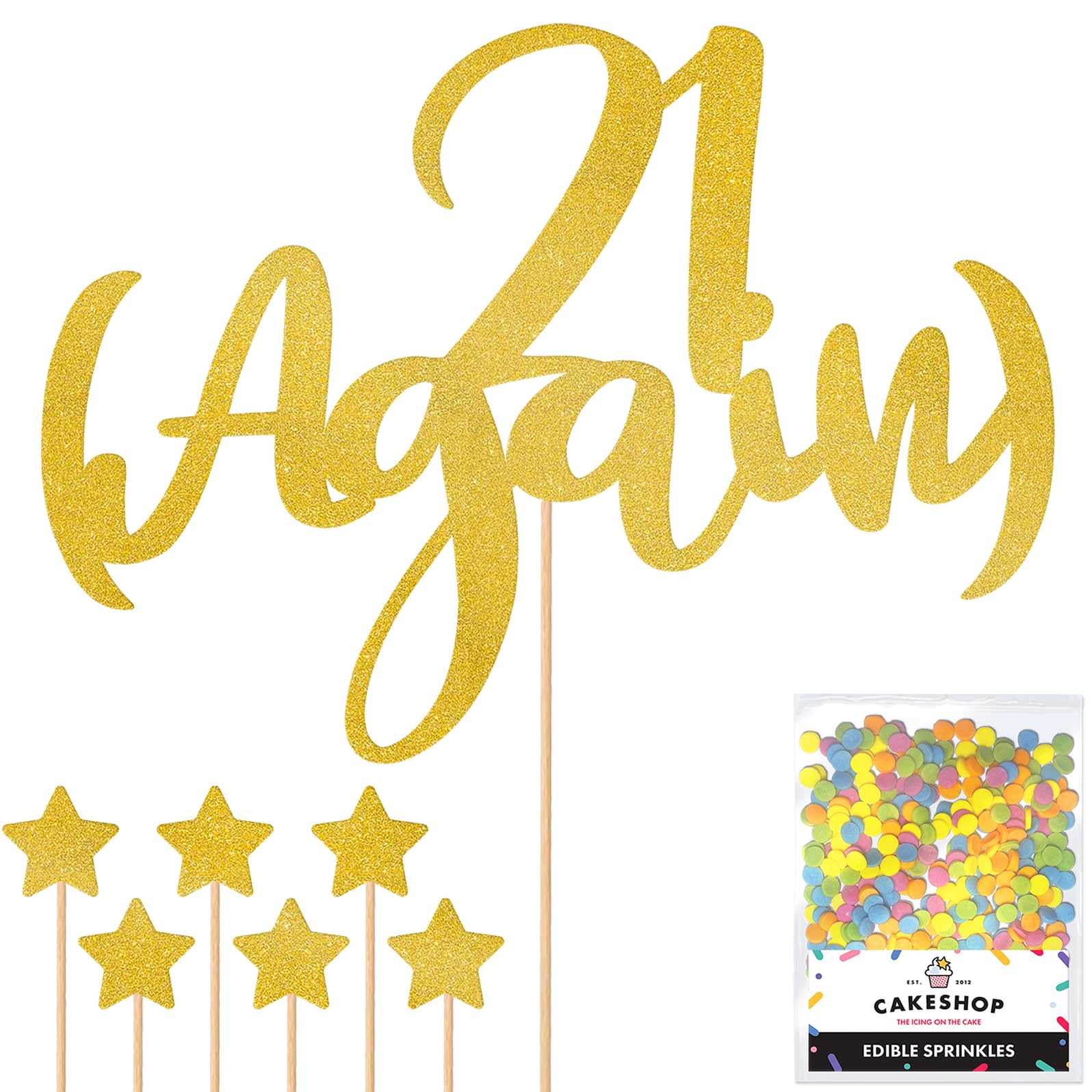 Personalised Funny Old Joke 21 Again Glitter Cake Topper - Gold Any Age Glitter Cake Decoration and Sprinkles - Happy Birthday Decorations - Personalised Toppers for Cakes by Cakeshop
