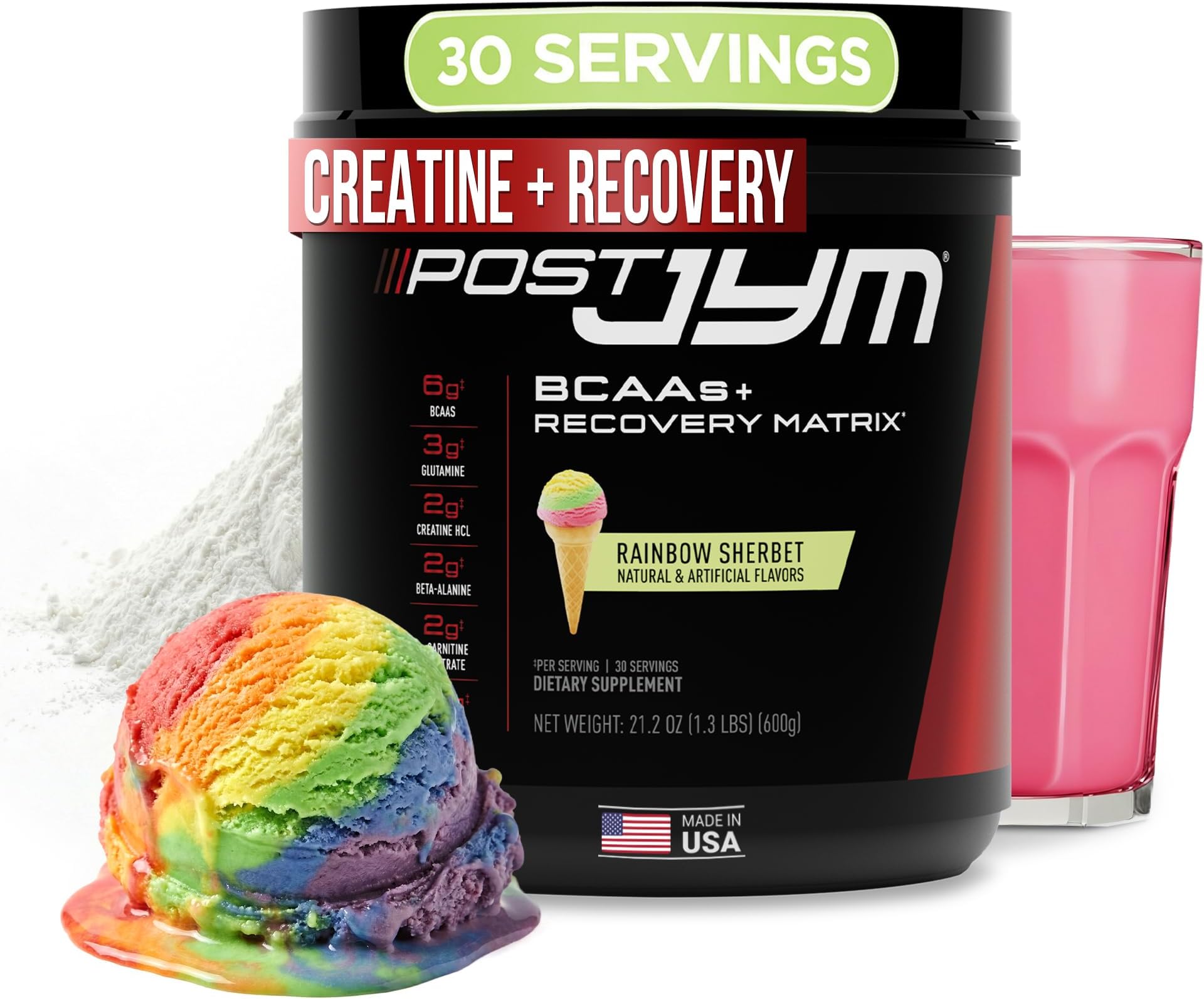 Post JYM Active Matrix - Post-Workout with BCAA's, Glutamine, Creatine HCL, Beta-Alanine, and More | JYM Supplement Science | Rainbow Sherbert Flavor, 30 Servings, 21.2 oz.