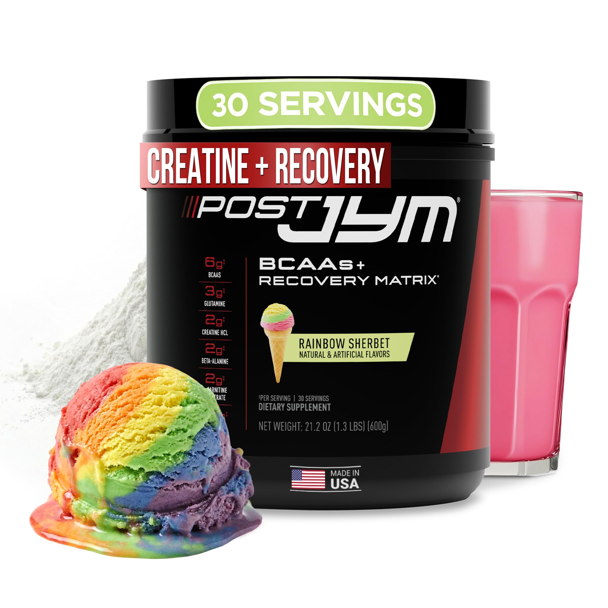 Post JYM Active Matrix Rainbow Sherbet Amino Recovery Powder Pure Creatine HCL, BCAA’s, Glutamine, Carnitine, Betaine, Taurine for Strength, Repair, Performance 30 Servings