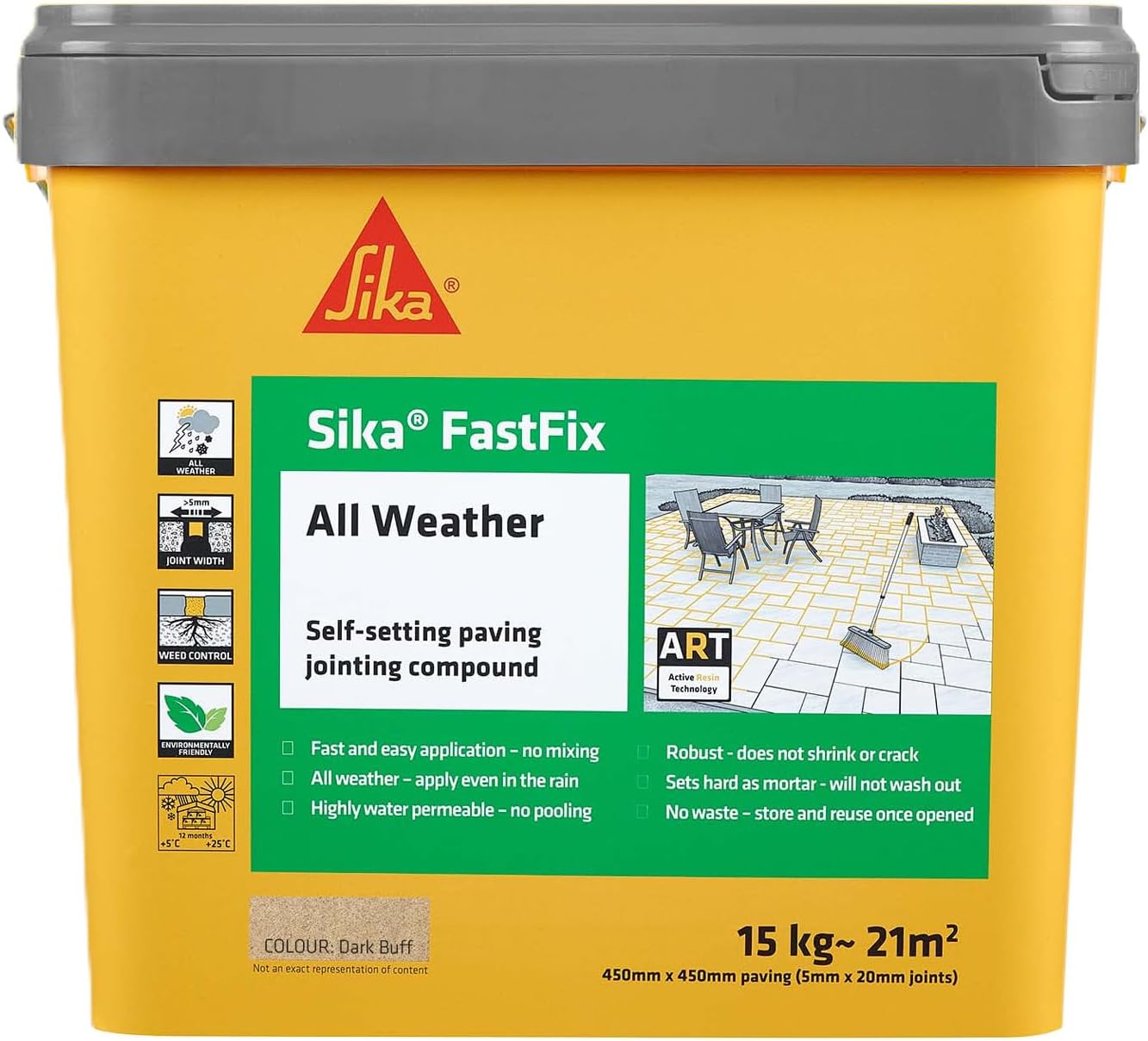 Sika – FastFix All Weather Self-Setting Paving Jointing Compound – Ready to Use – No Mixing Required – Dark Buff – 15kg – 21 sq. m