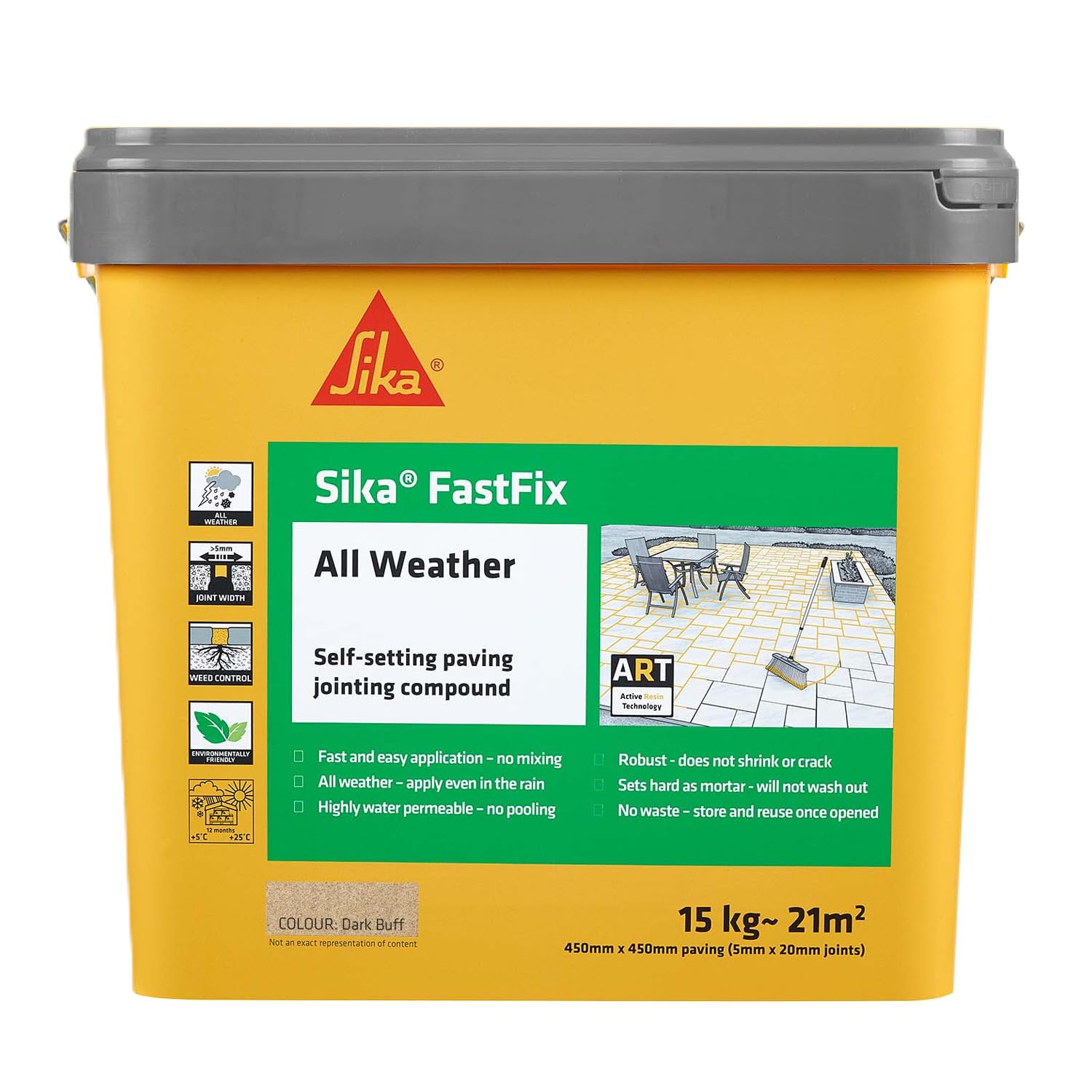 Sika – FastFix All Weather Self-Setting Paving Jointing Compound – Ready to Use – No Mixing Required – Dark Buff – 15kg – 21 sq. m