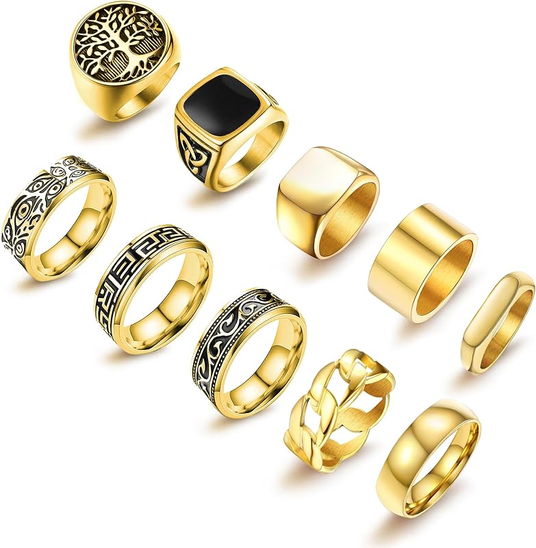 10 Pcs Men's Stainless Steel Vintage Signet Ring Square Pinky Thumb Chunky Thin Band Ring Vintage Biker Band Rings Set 7-13